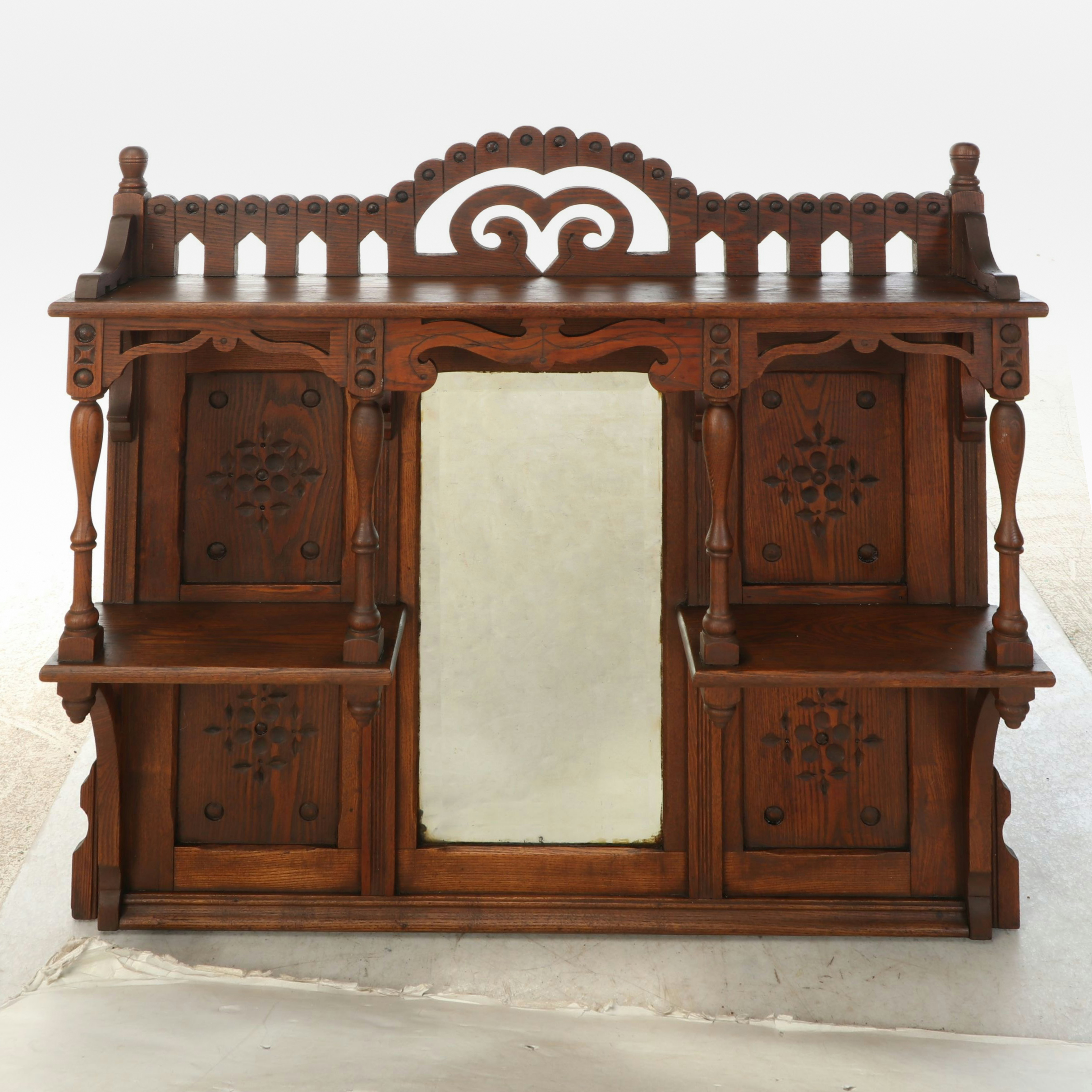 Late Victorian Eastlake Carved Oak Sideboard Back, Circa 1890