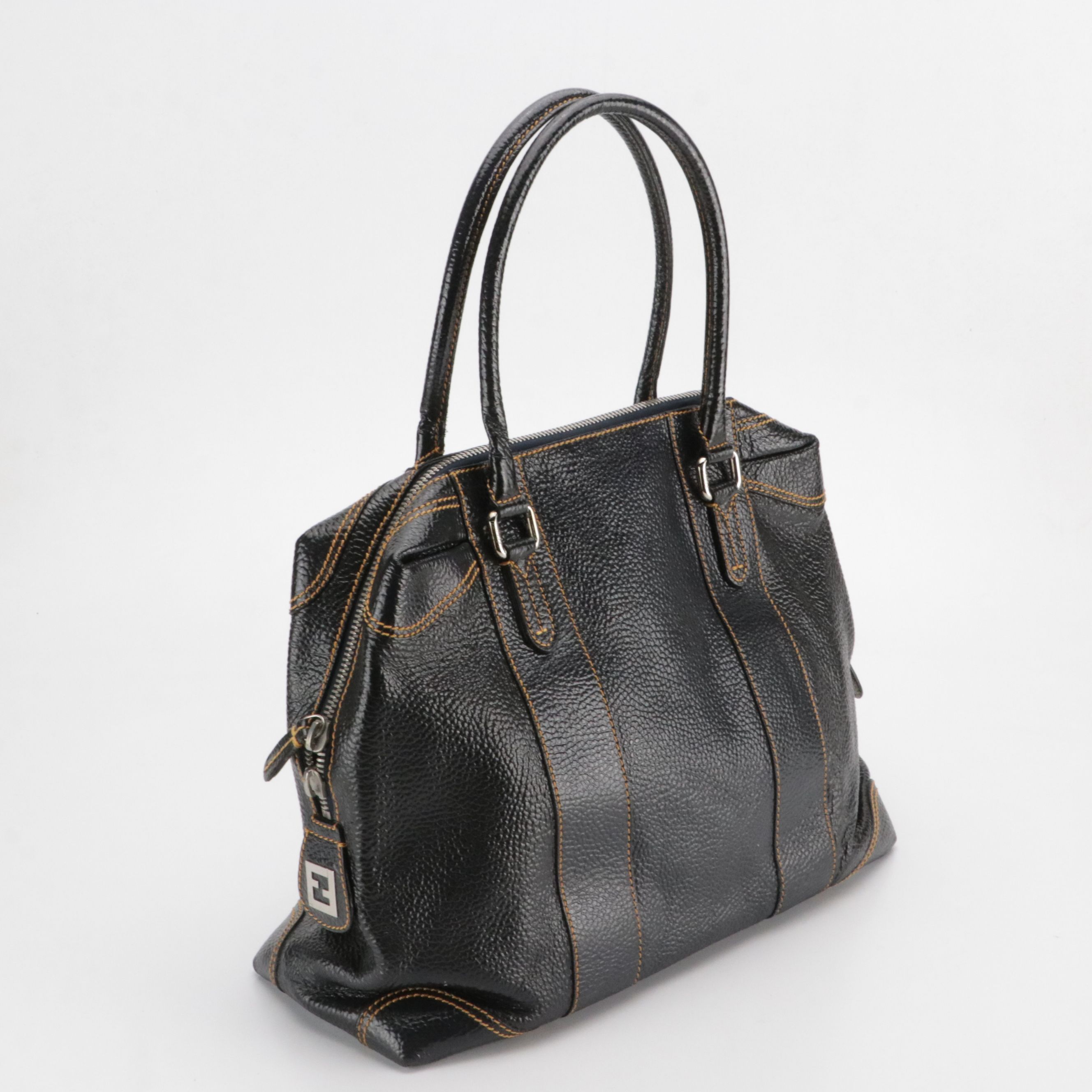 Fendi Contrast Stitched Zip-Around Satchel Bag in Navy Glossy Grained Leather