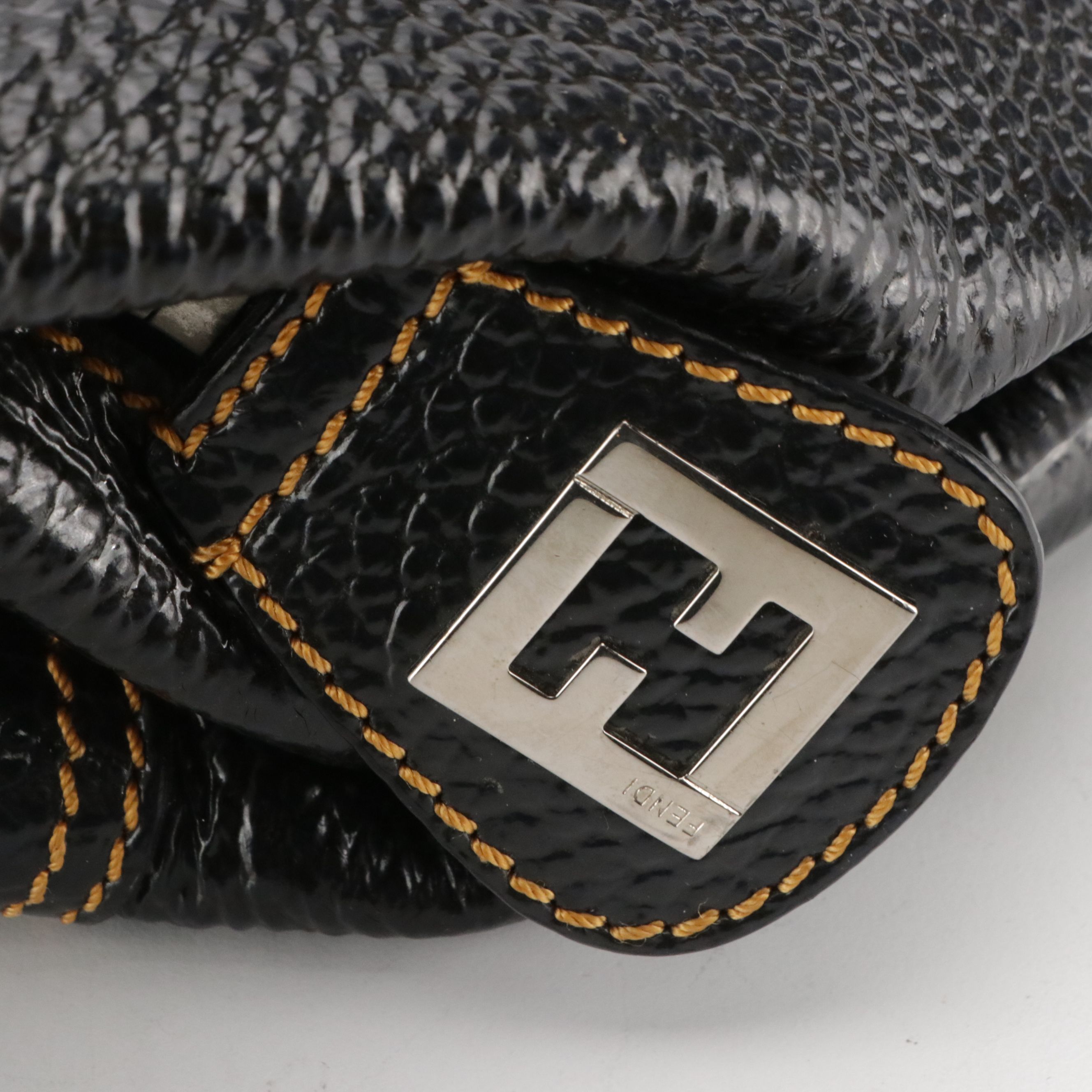 Fendi Contrast Stitched Zip-Around Satchel Bag in Navy Glossy Grained Leather