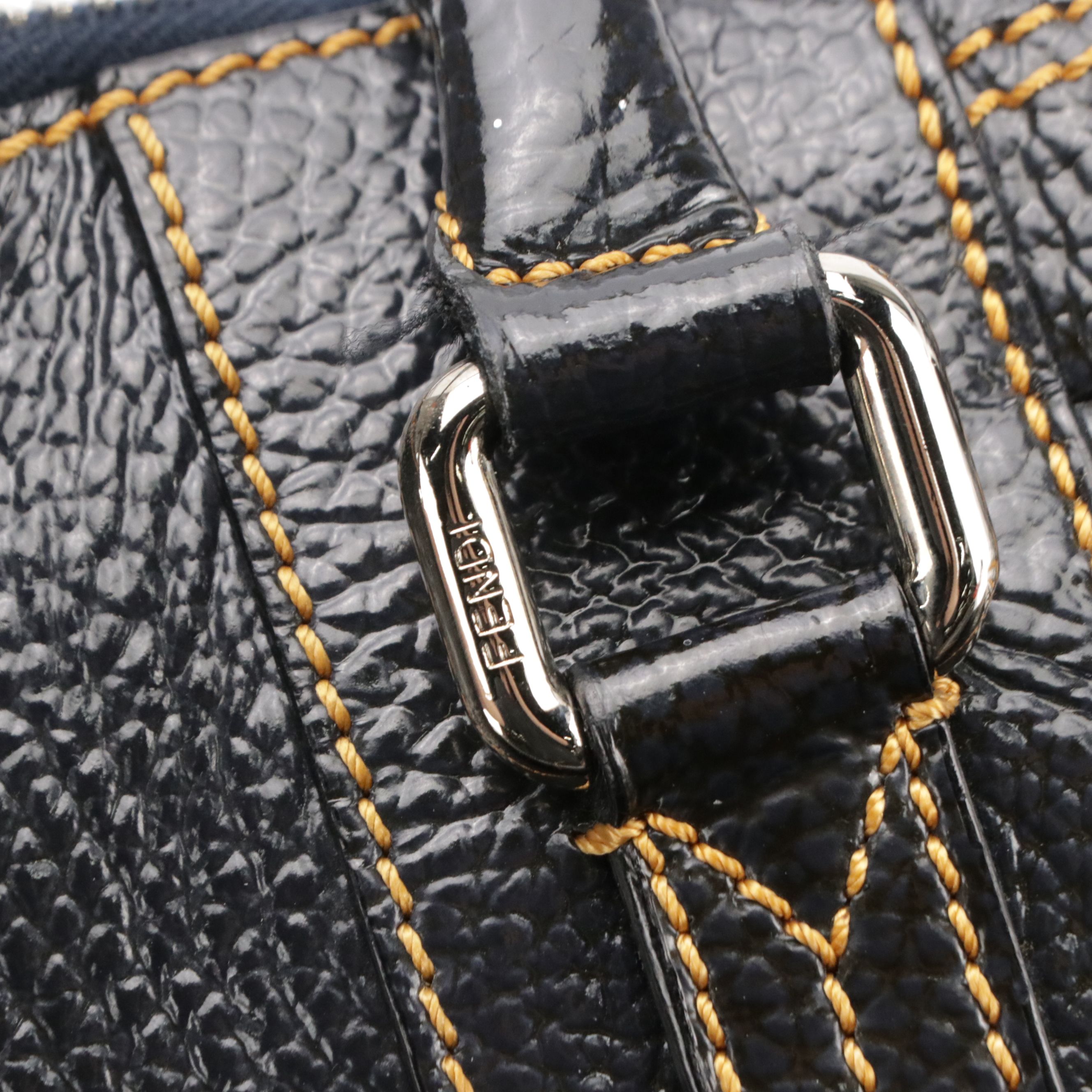 Fendi Contrast Stitched Zip-Around Satchel Bag in Navy Glossy Grained Leather