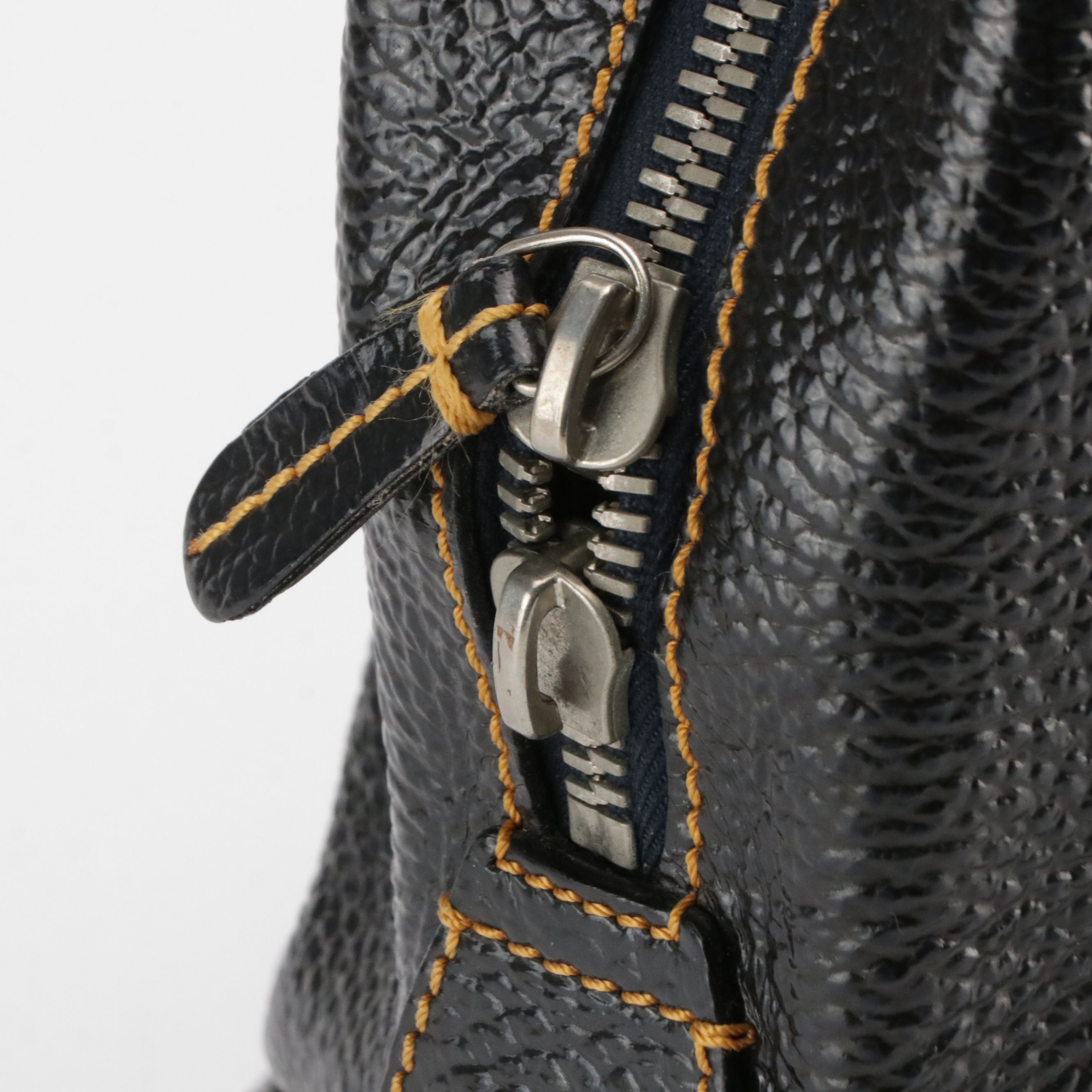 Fendi Contrast Stitched Zip-Around Satchel Bag in Navy Glossy Grained Leather