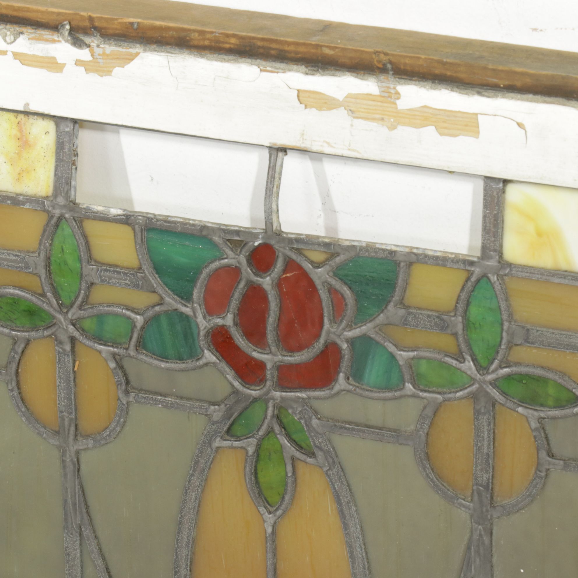 Arts and Crafts Style Stained Glass Window Pane with Rosebuds