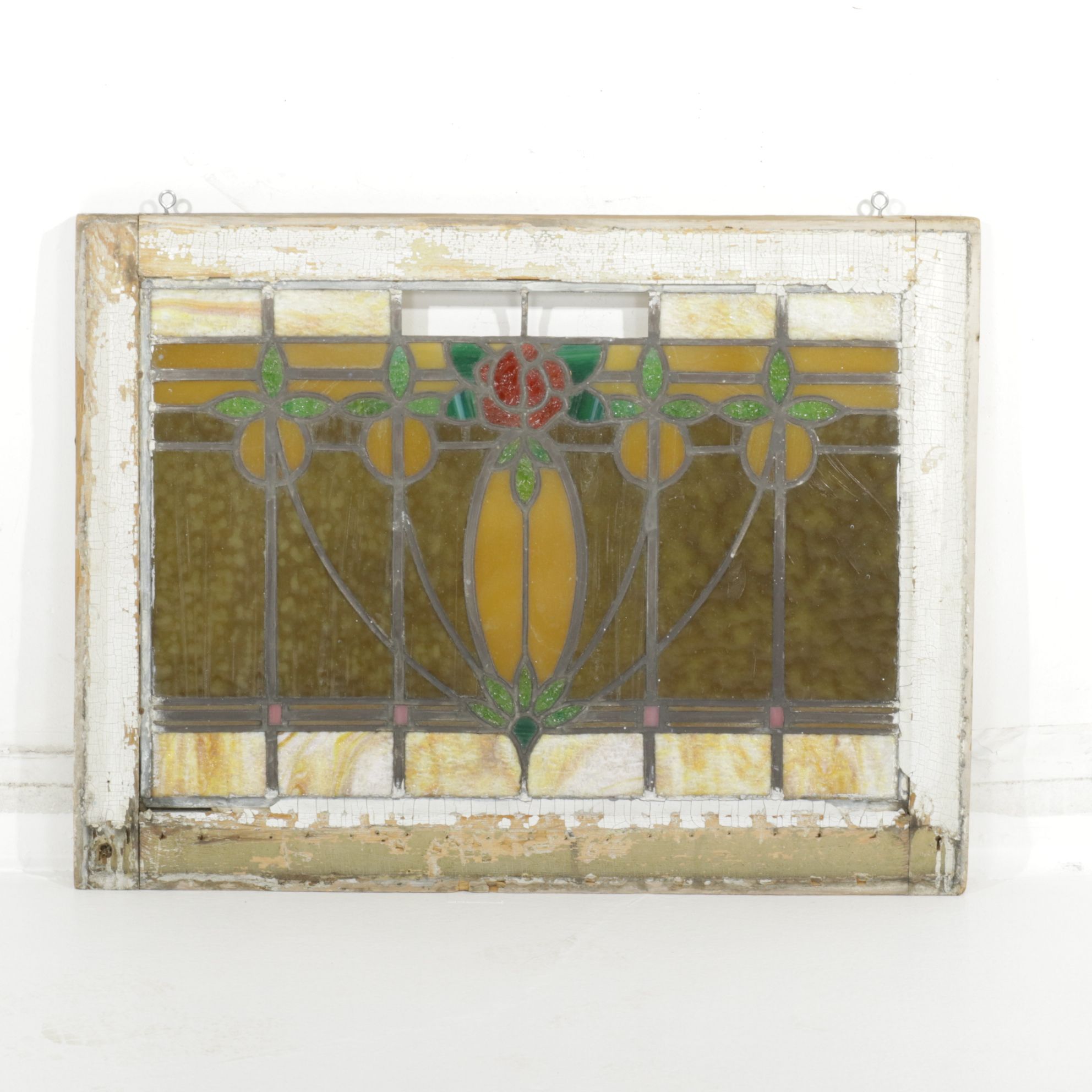 Arts and Crafts Style Stained Glass Window Pane with Rosebuds