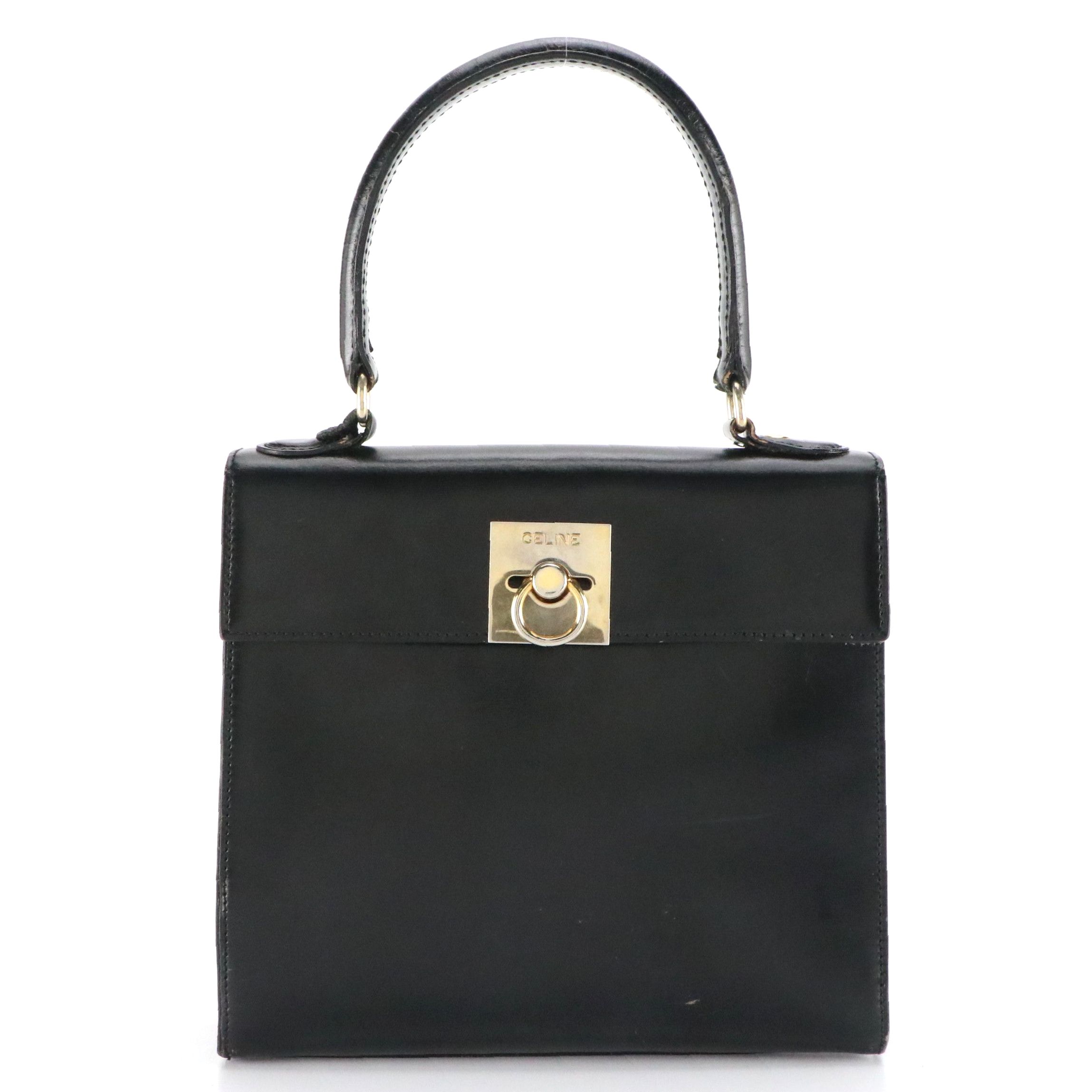 Celine Top Handle Foldover Handbag in Black Leather