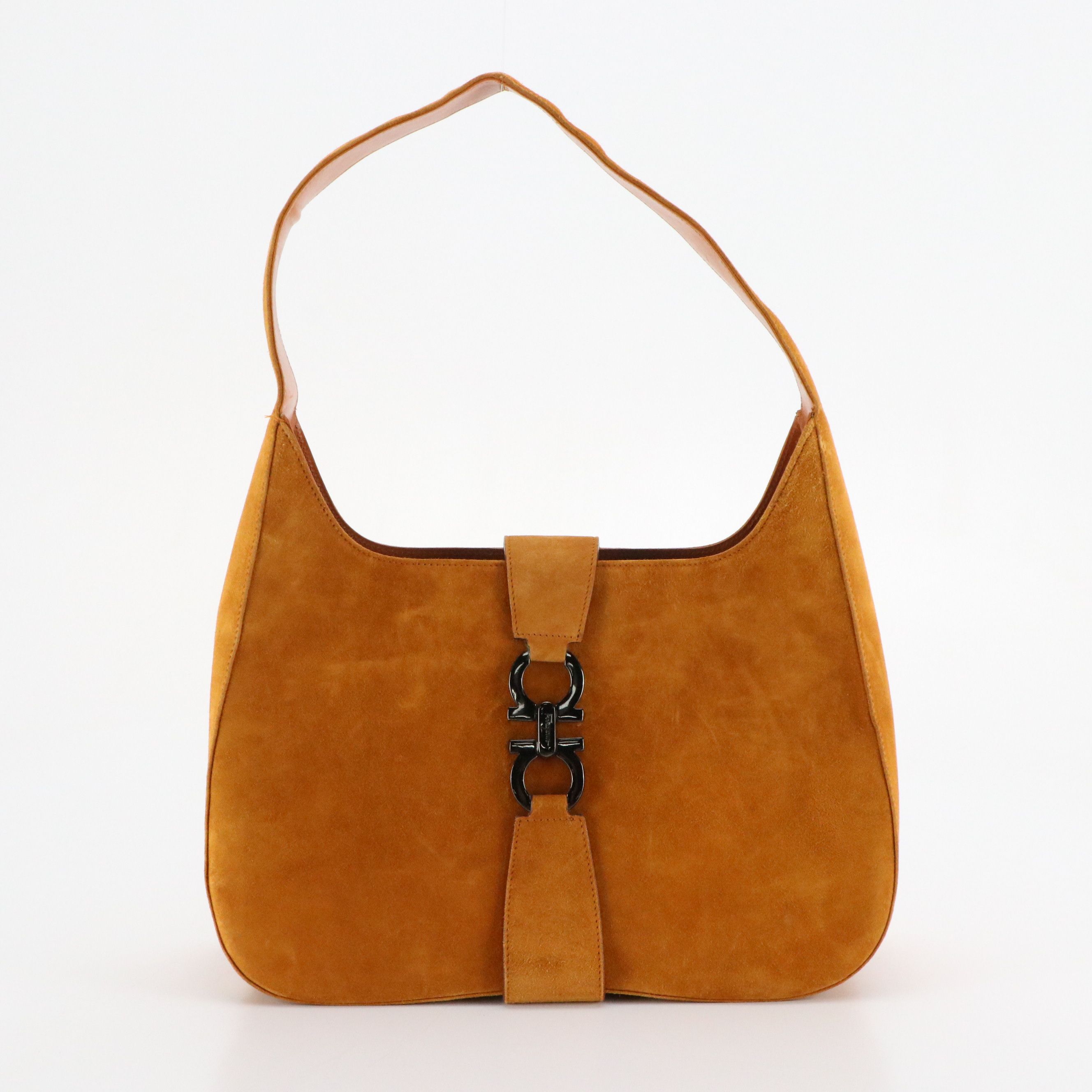 Salvatore Ferragamo Double Gancini Closure Hobo Tote in Brown Suede Leather