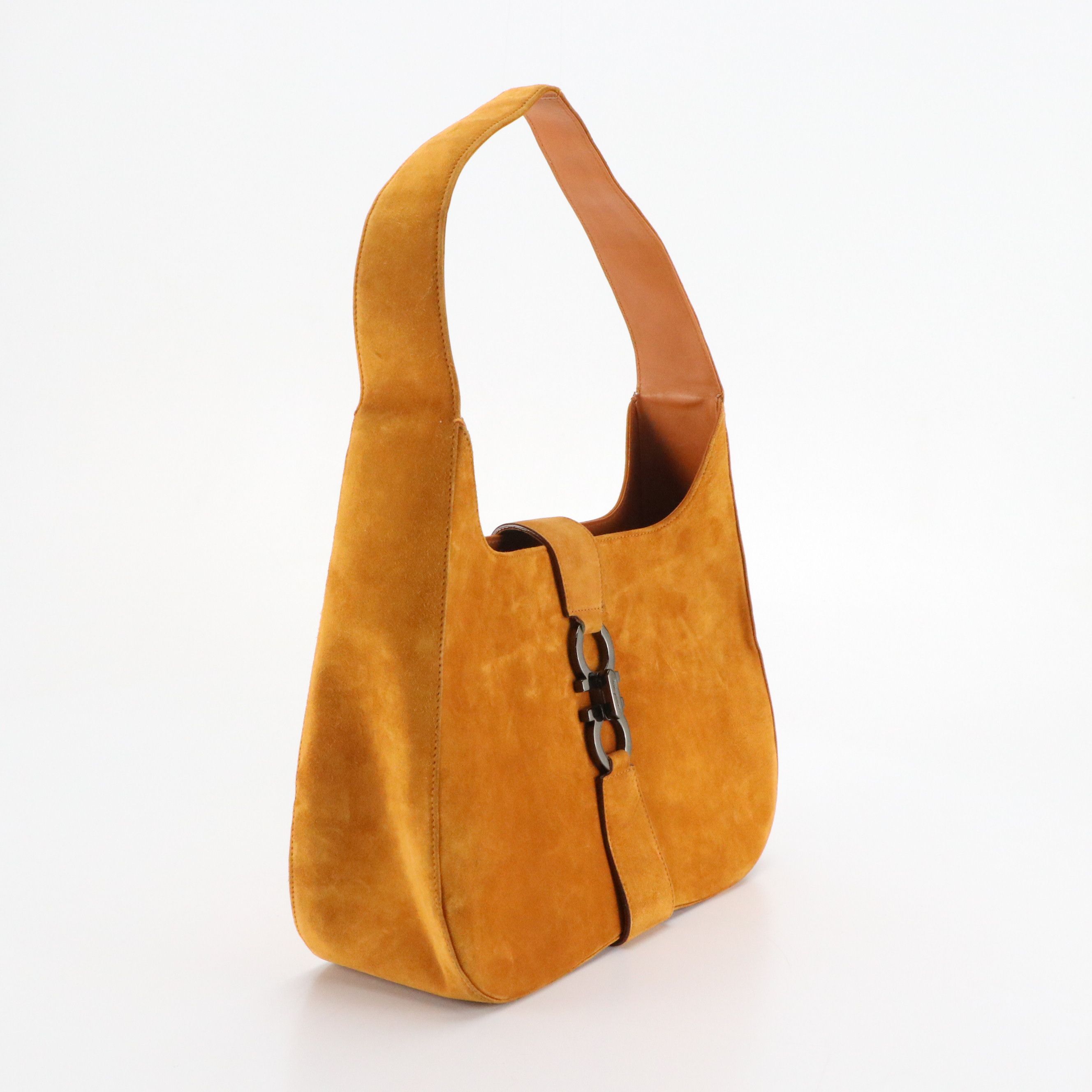 Salvatore Ferragamo Double Gancini Closure Hobo Tote in Brown Suede Leather