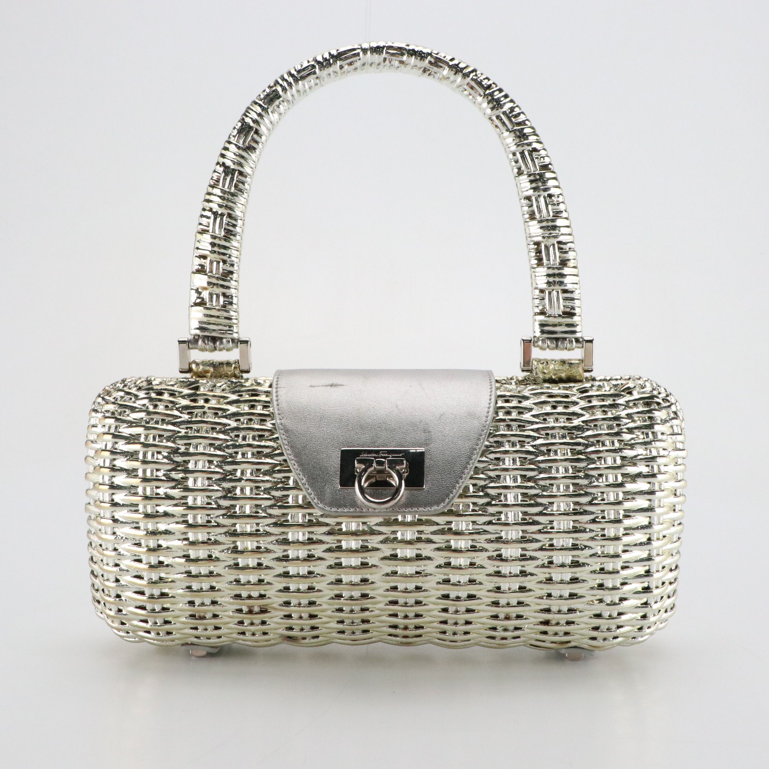 Salvatore Ferragamo Shiny Coated Wicker Handbag with Metallic Leather Trim