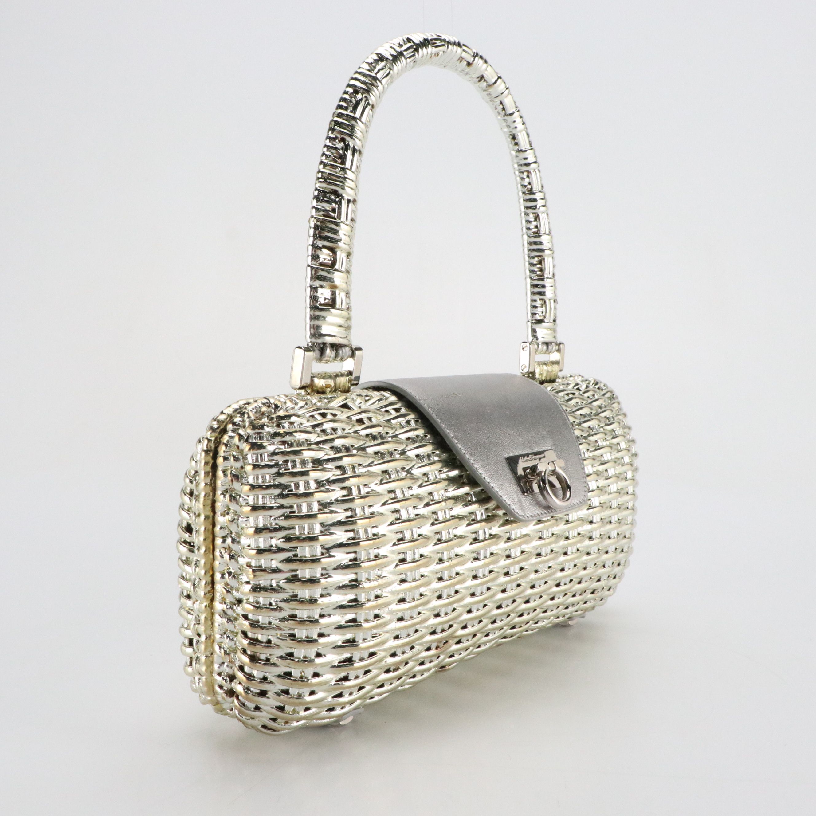 Salvatore Ferragamo Shiny Coated Wicker Handbag with Metallic Leather Trim