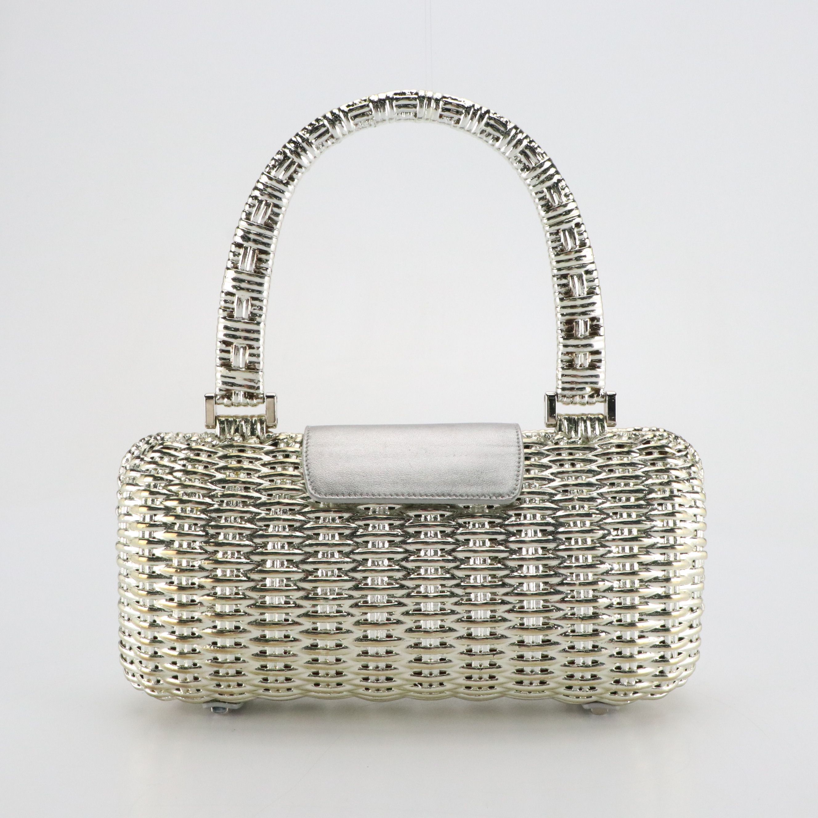Salvatore Ferragamo Shiny Coated Wicker Handbag with Metallic Leather Trim