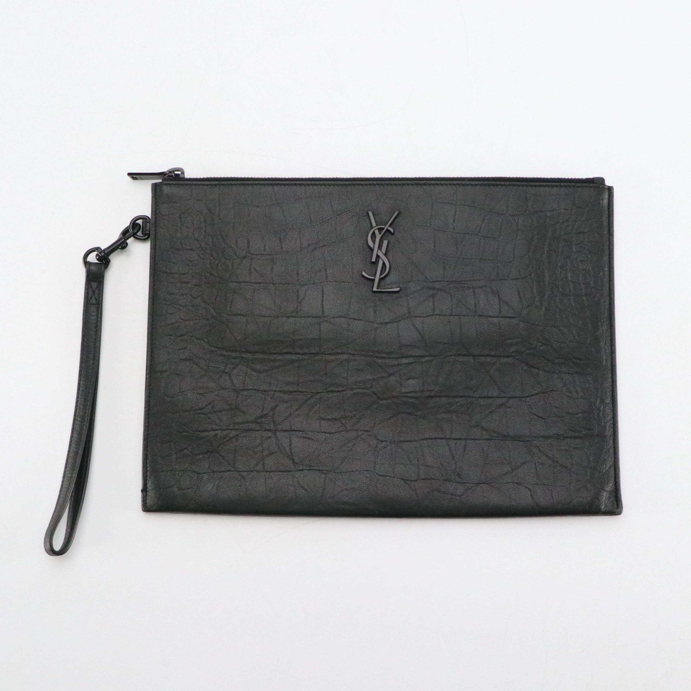 Saint Laurent Classic YSL Monogram Zip Pouch in Black Croc Embossed Leather