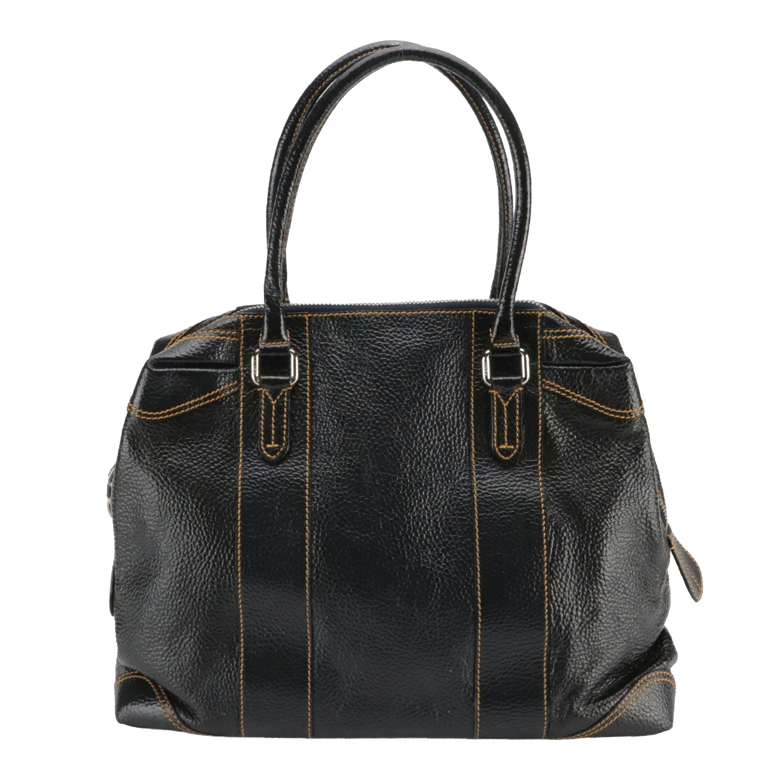 Fendi Contrast Stitched Zip-Around Satchel Bag in Navy Glossy Grained Leather