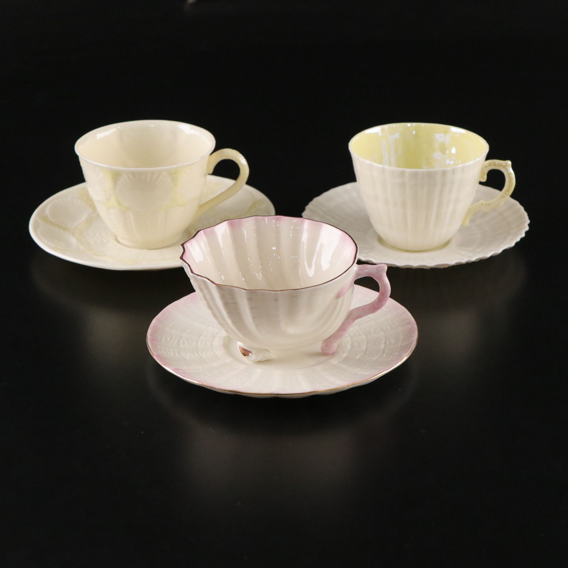 Belleek Shell Motif Porcelain Saucers and Teacups