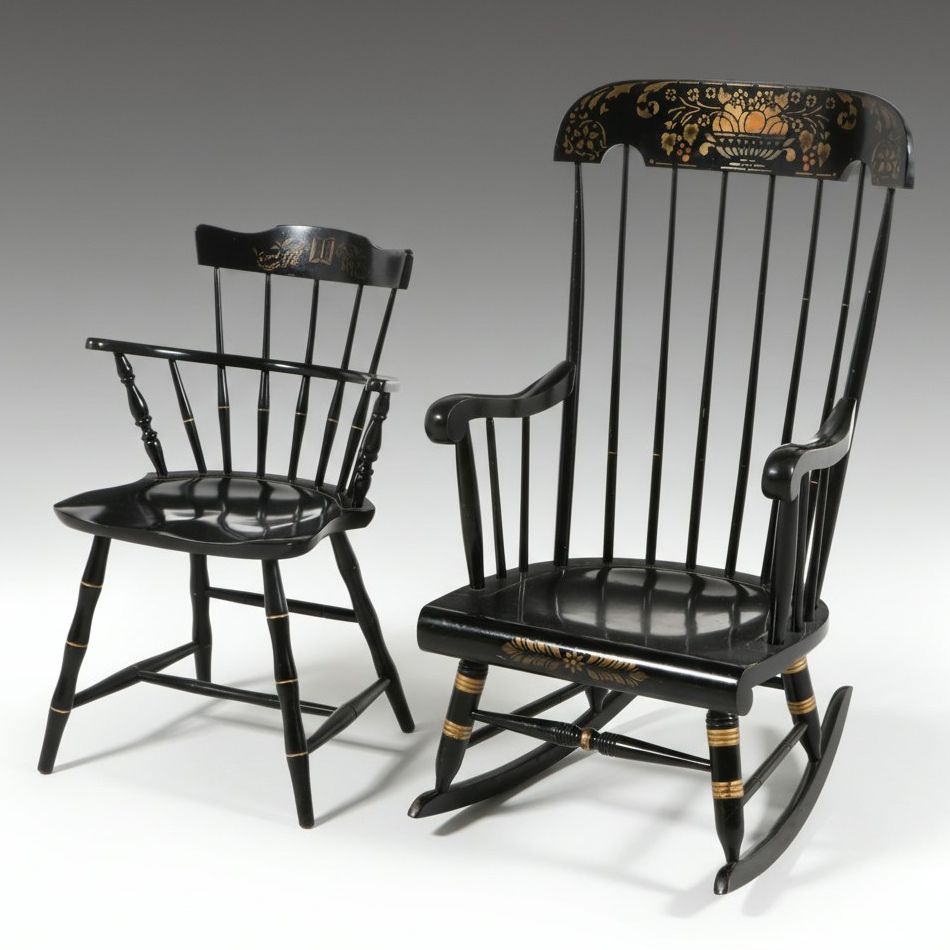 Nichols & Stone Stenciled Windsor Armchair and Rocking Chair