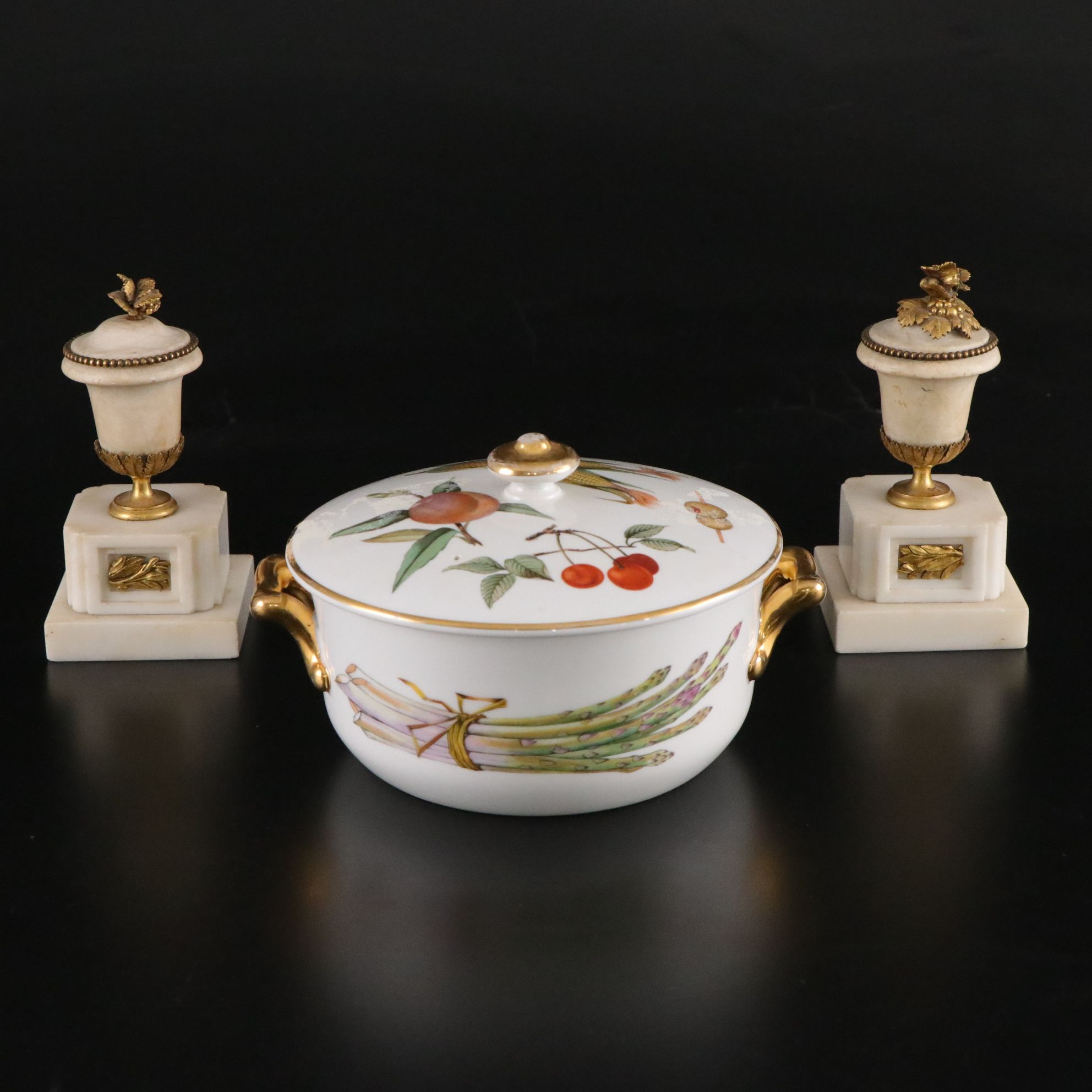 Royal Worcester "Evesham Gold" Lidded Casserole with Clock Garniture Urns