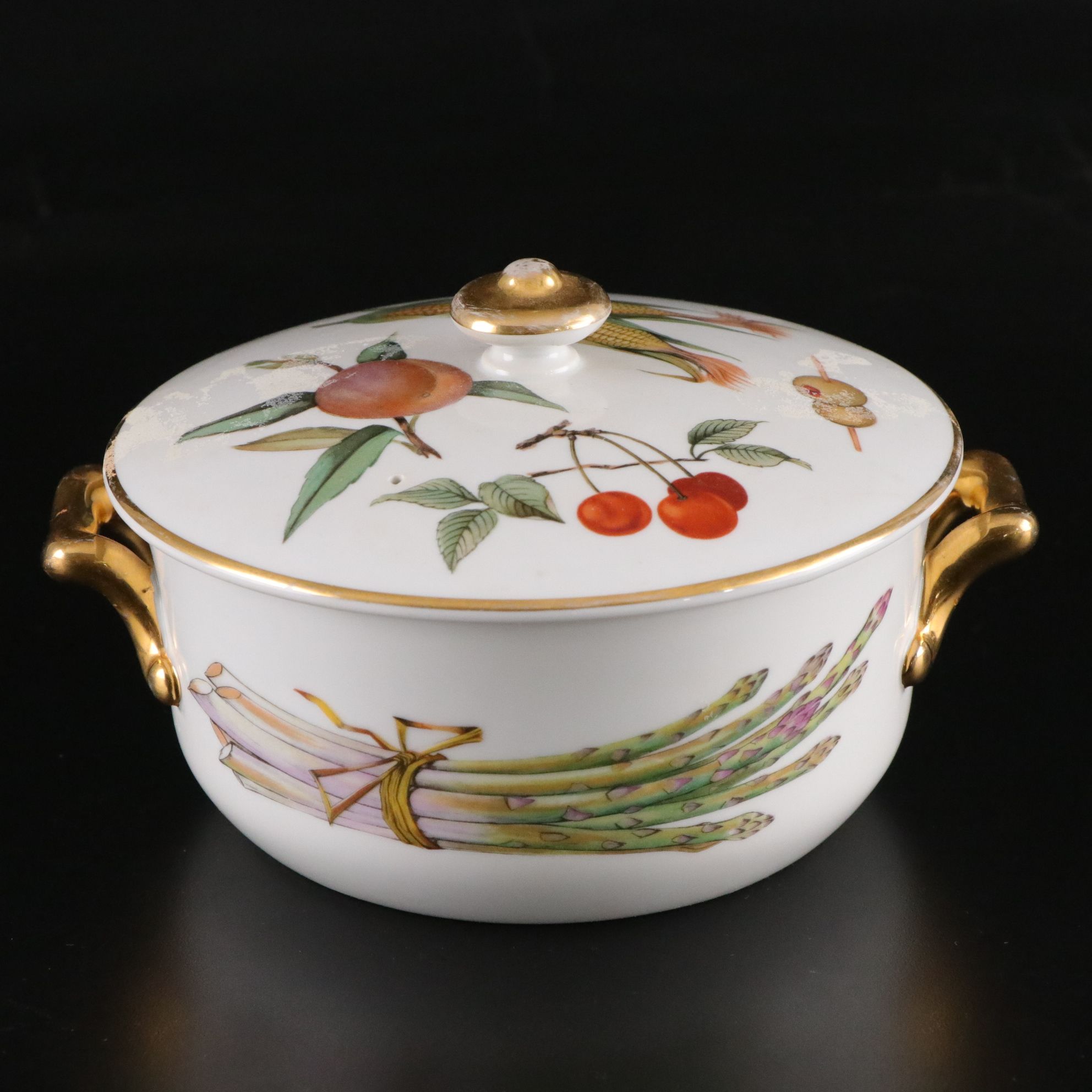 Royal Worcester "Evesham Gold" Lidded Casserole with Clock Garniture Urns