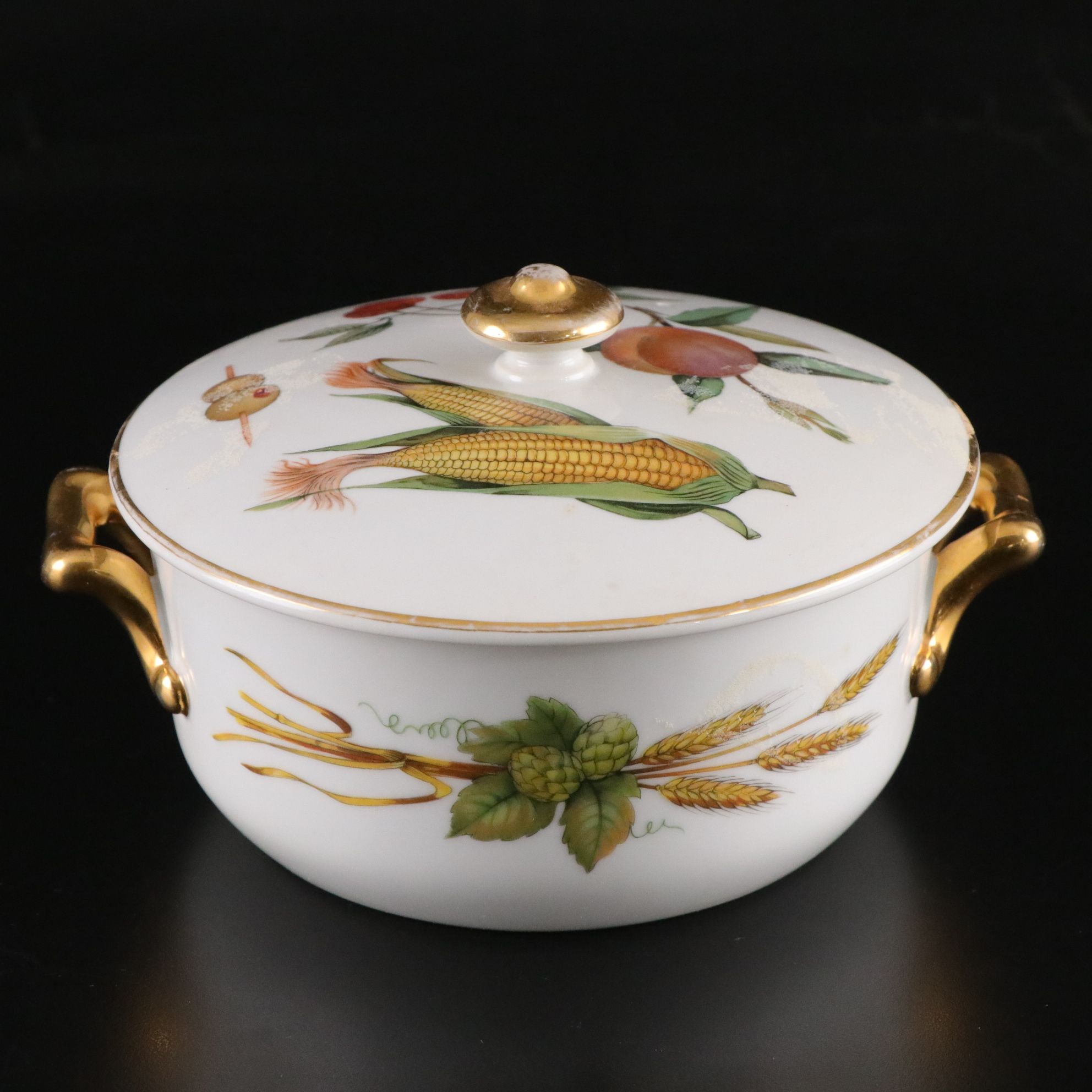 Royal Worcester "Evesham Gold" Lidded Casserole with Clock Garniture Urns