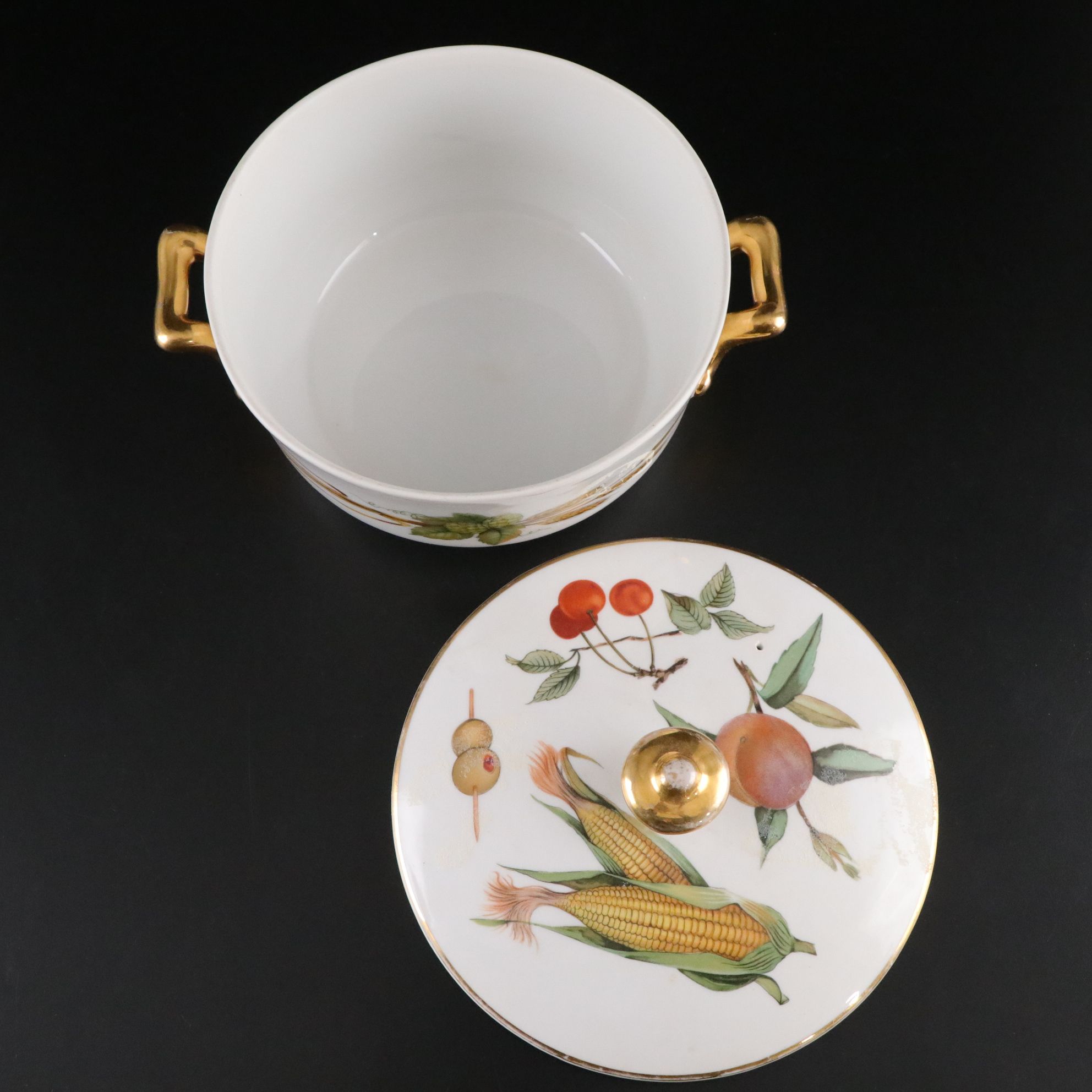 Royal Worcester "Evesham Gold" Lidded Casserole with Clock Garniture Urns