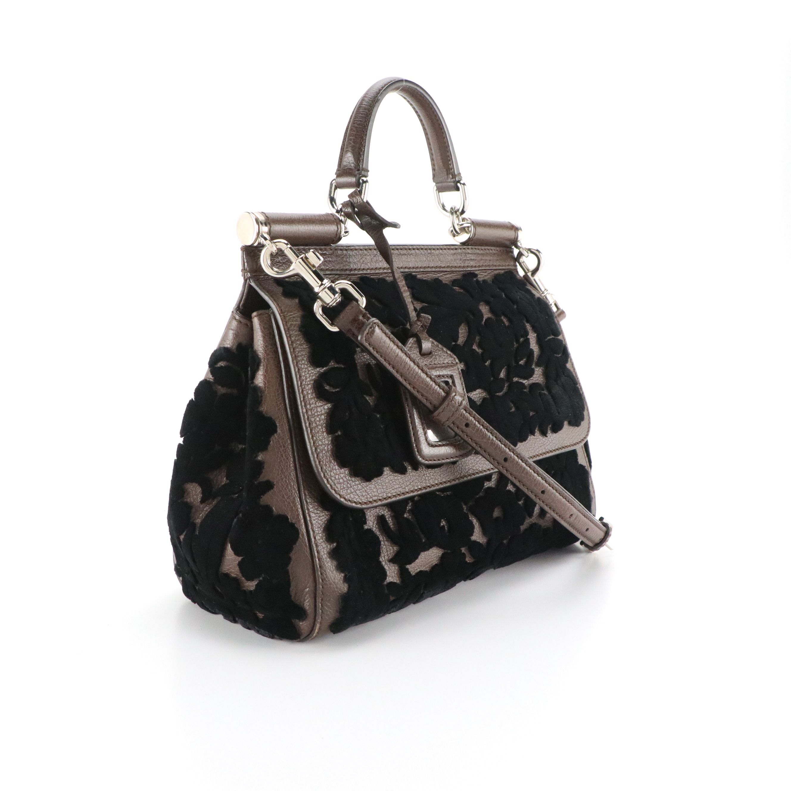Dolce & Gabbana Miss Sicily Two-Way Bag in Brown Leather & Velvet Lace Detailing