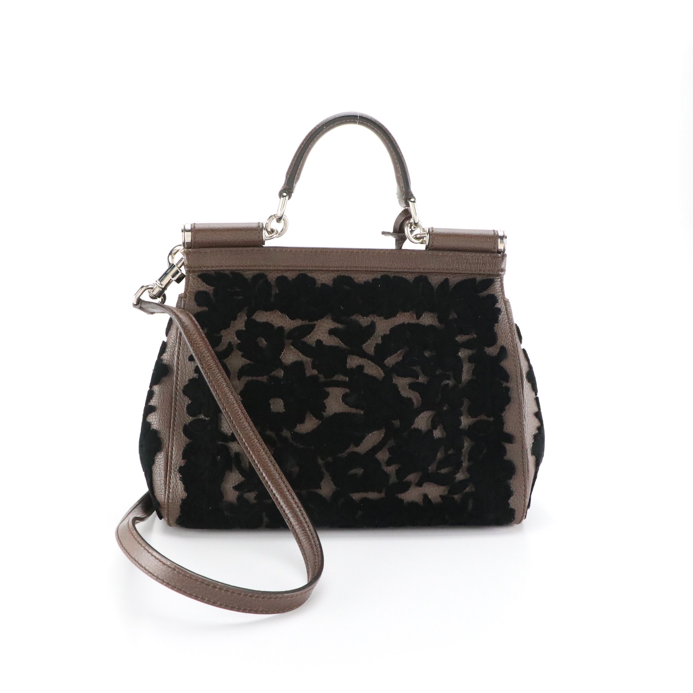 Dolce & Gabbana Miss Sicily Two-Way Bag in Brown Leather & Velvet Lace Detailing