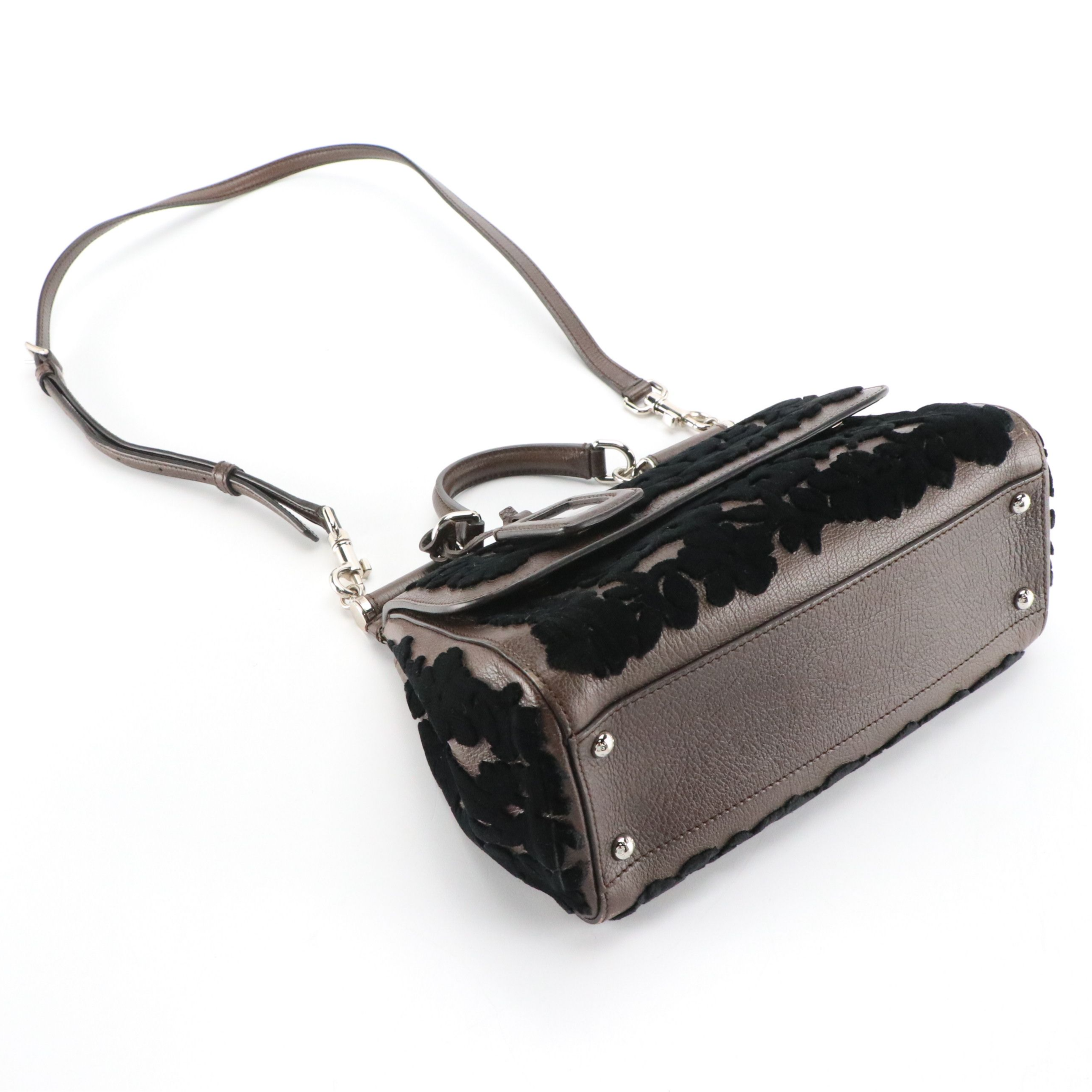 Dolce & Gabbana Miss Sicily Two-Way Bag in Brown Leather & Velvet Lace Detailing