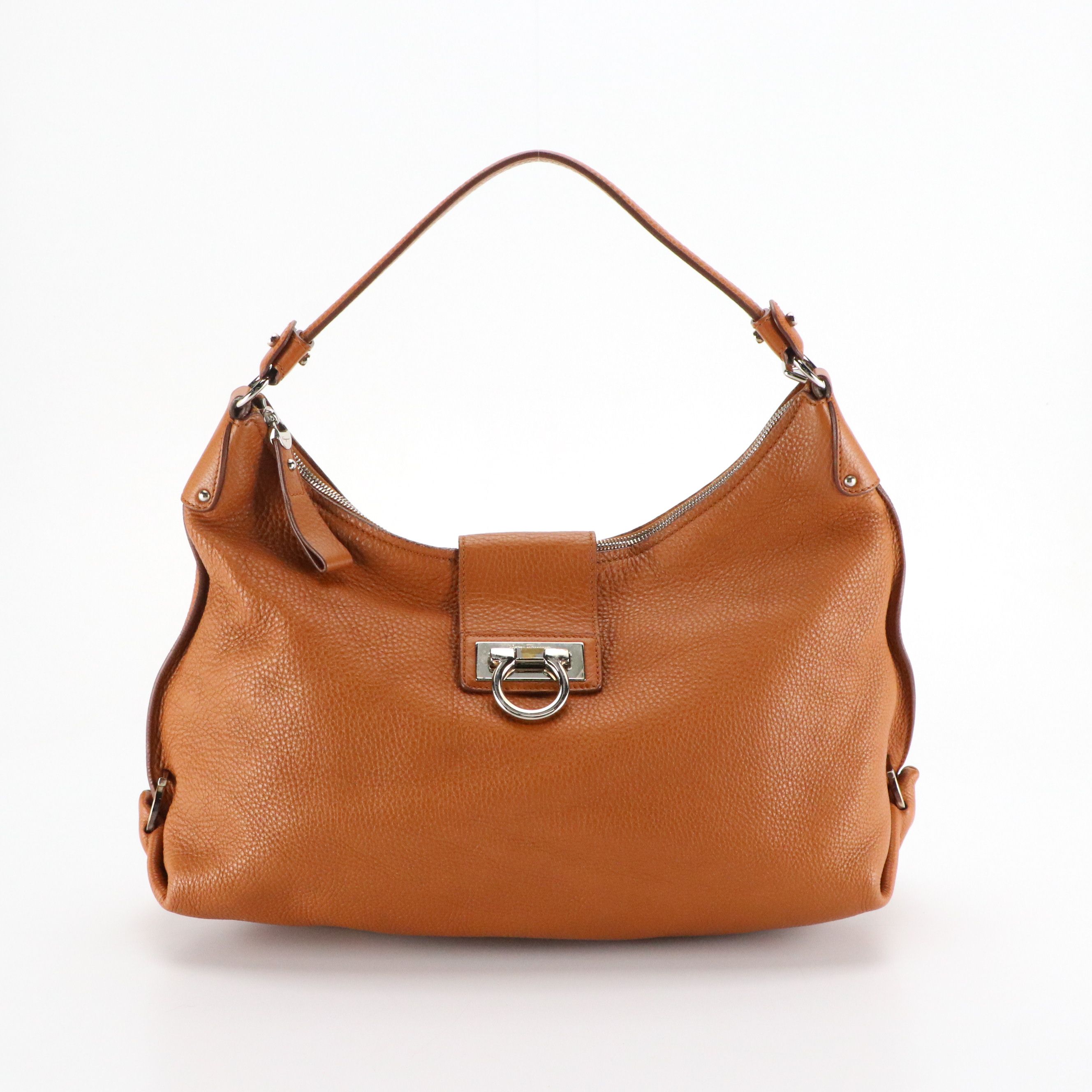 Salvatore Ferragamo Zippered Gancini Hobo Bag in Caramel Brown Grained Calfskin