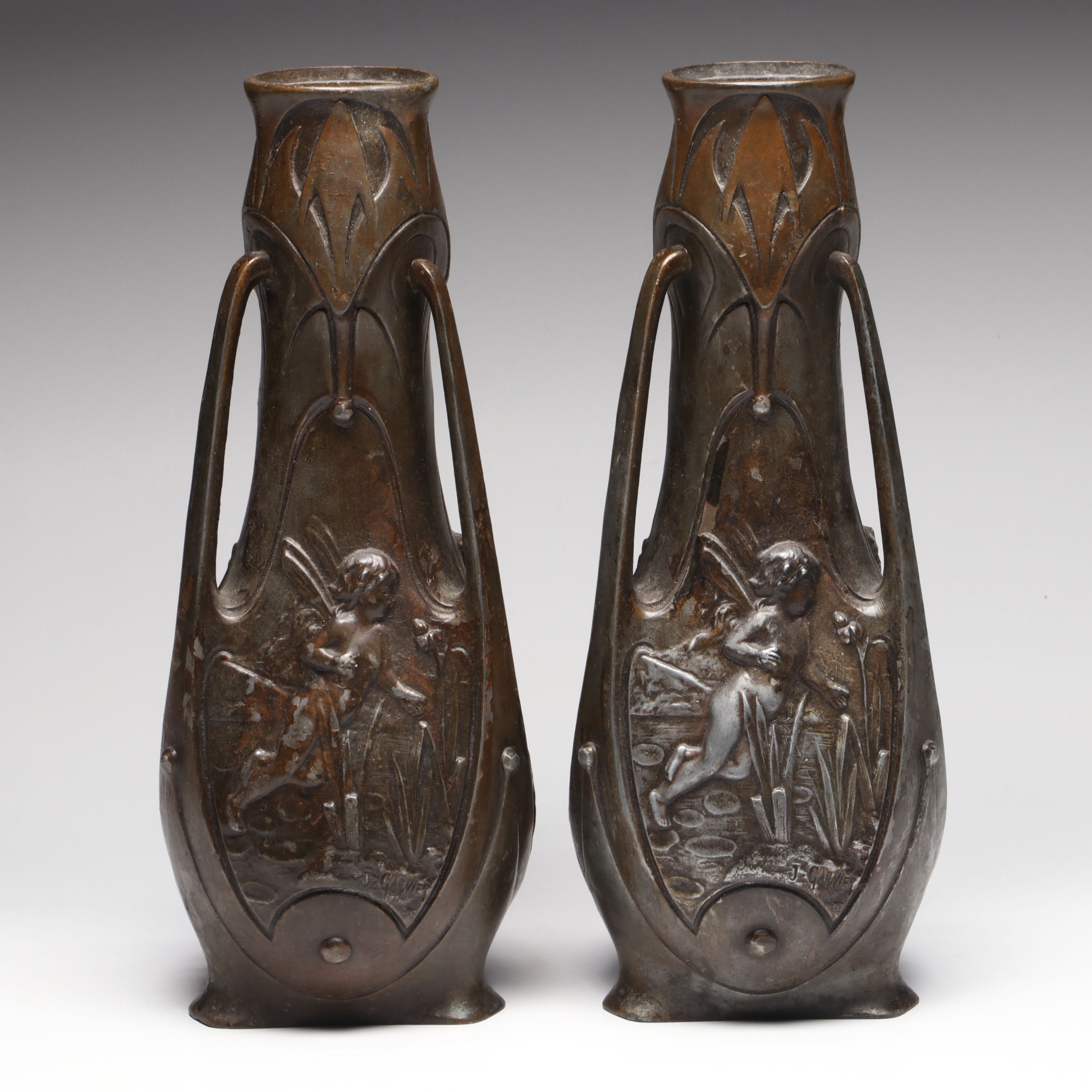 Pair of Jean Garnier French Art Nouveau Bronzed Spelter Fairy Vases