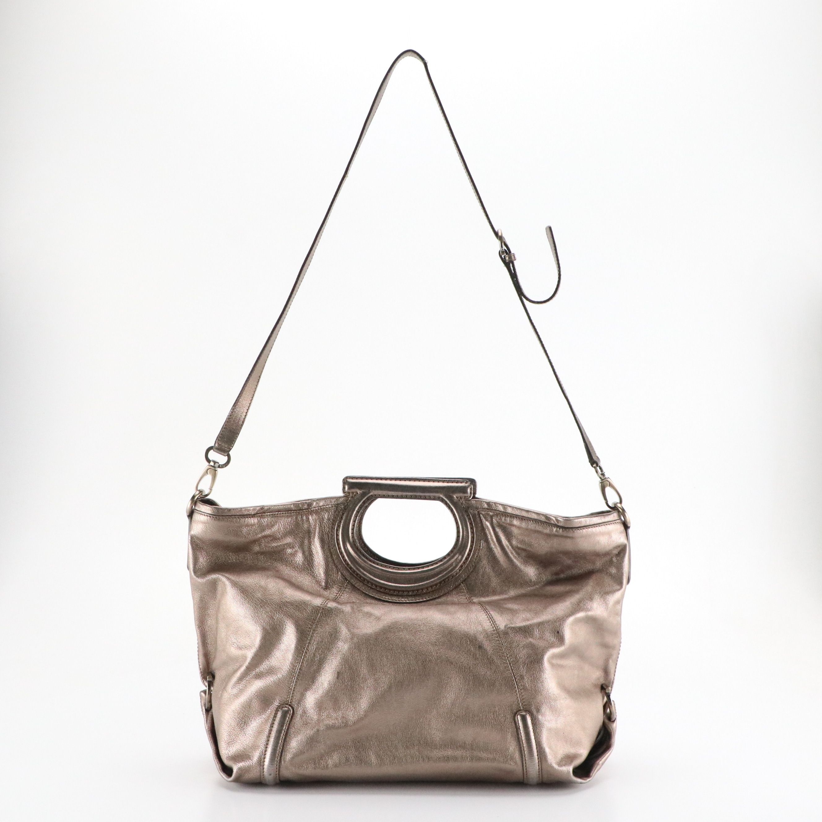 Salvatore Ferragamo Gancini Handle Two-Way Hobo Tote Bag in Metallic Calfskin