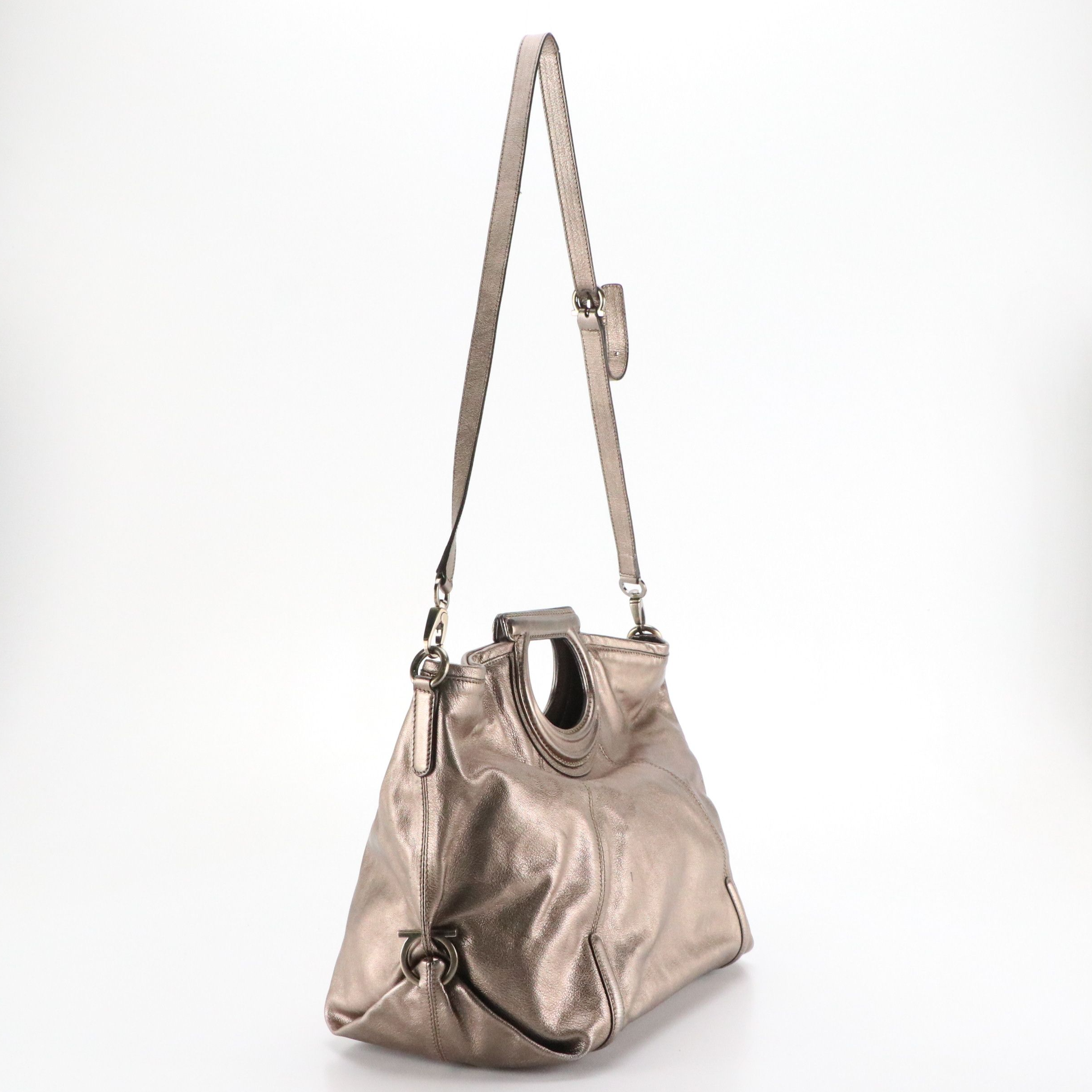 Salvatore Ferragamo Gancini Handle Two-Way Hobo Tote Bag in Metallic Calfskin