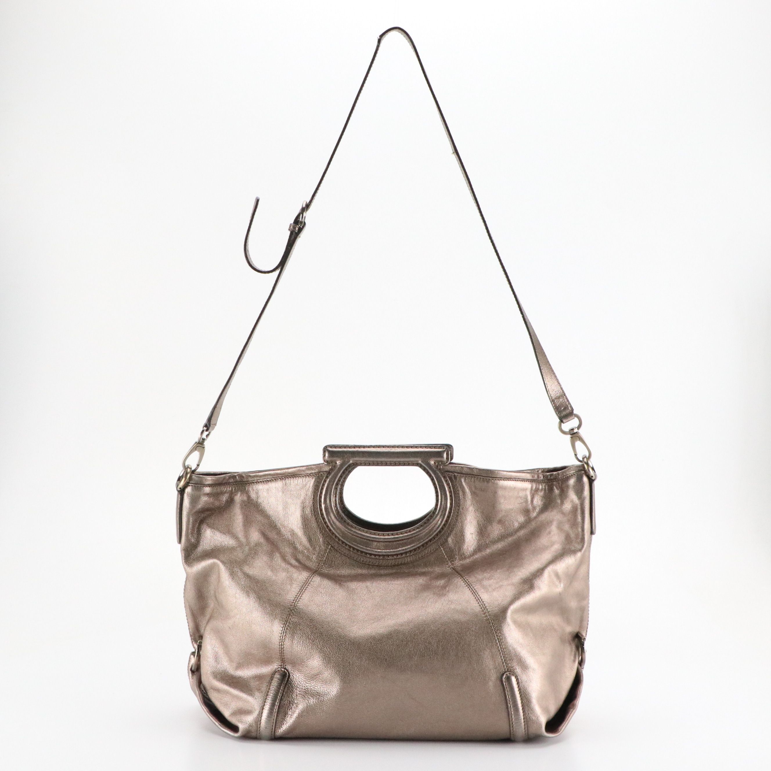 Salvatore Ferragamo Gancini Handle Two-Way Hobo Tote Bag in Metallic Calfskin