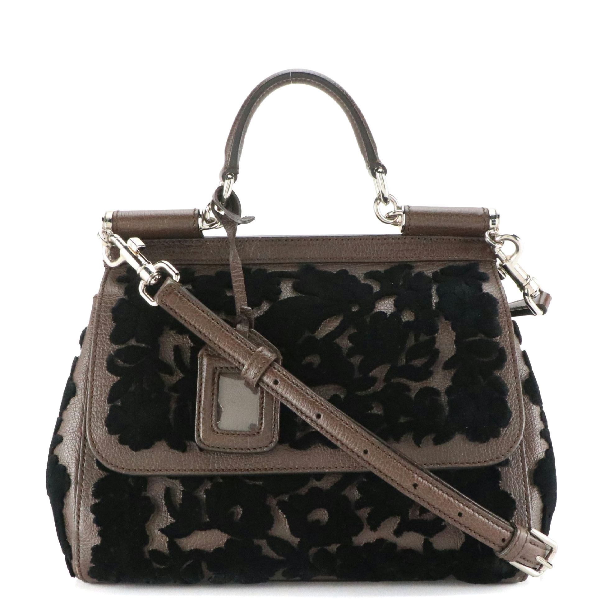 Dolce & Gabbana Miss Sicily Two-Way Bag in Brown Leather & Velvet Lace Detailing