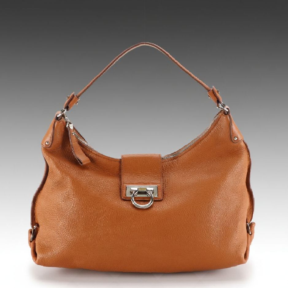 Salvatore Ferragamo Zippered Gancini Hobo Bag in Caramel Brown Grained Calfskin
