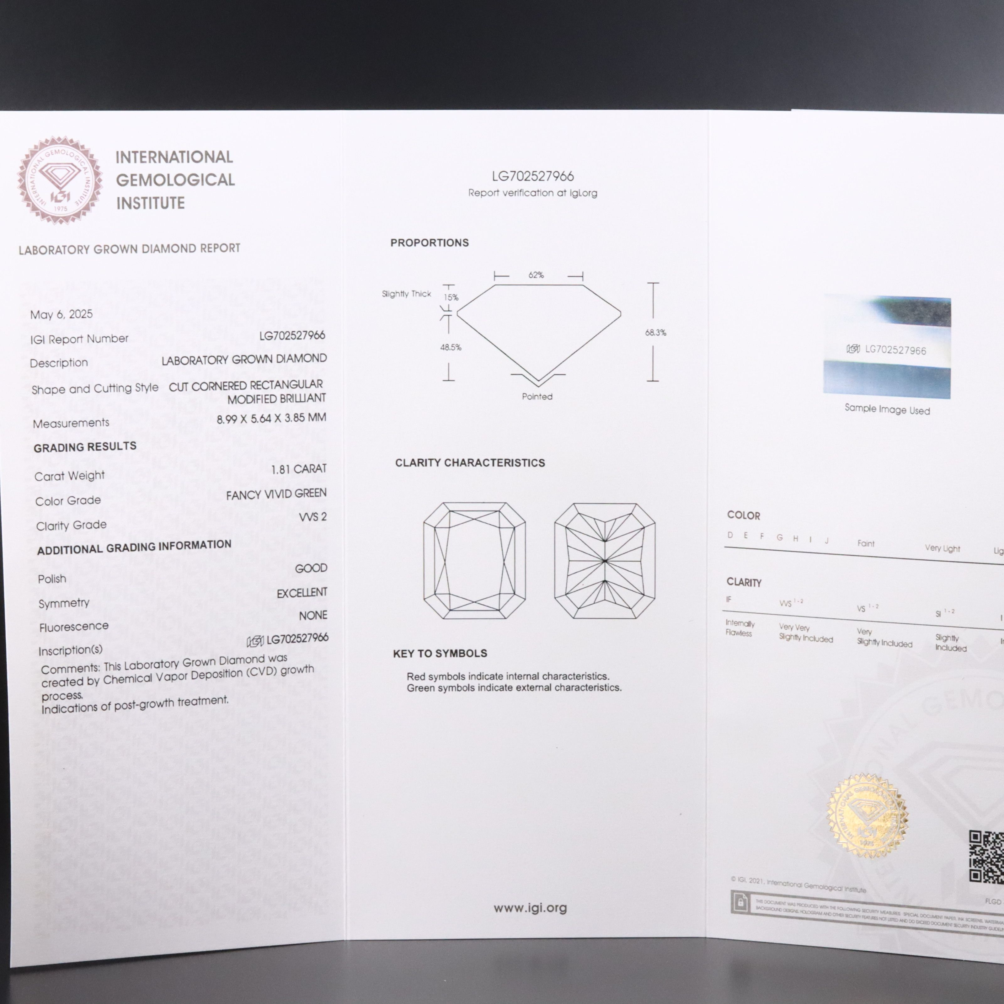 Loose 1.81 CT Lab Grown Fancy Vivid Green Diamond with IGI Report