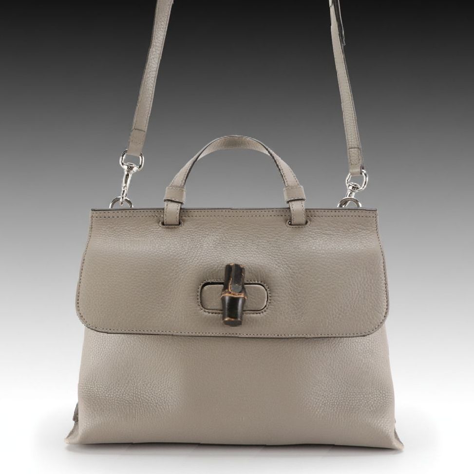 Gucci Bamboo Daily Two-Way Bag in Grey Grained Calfskin Leather