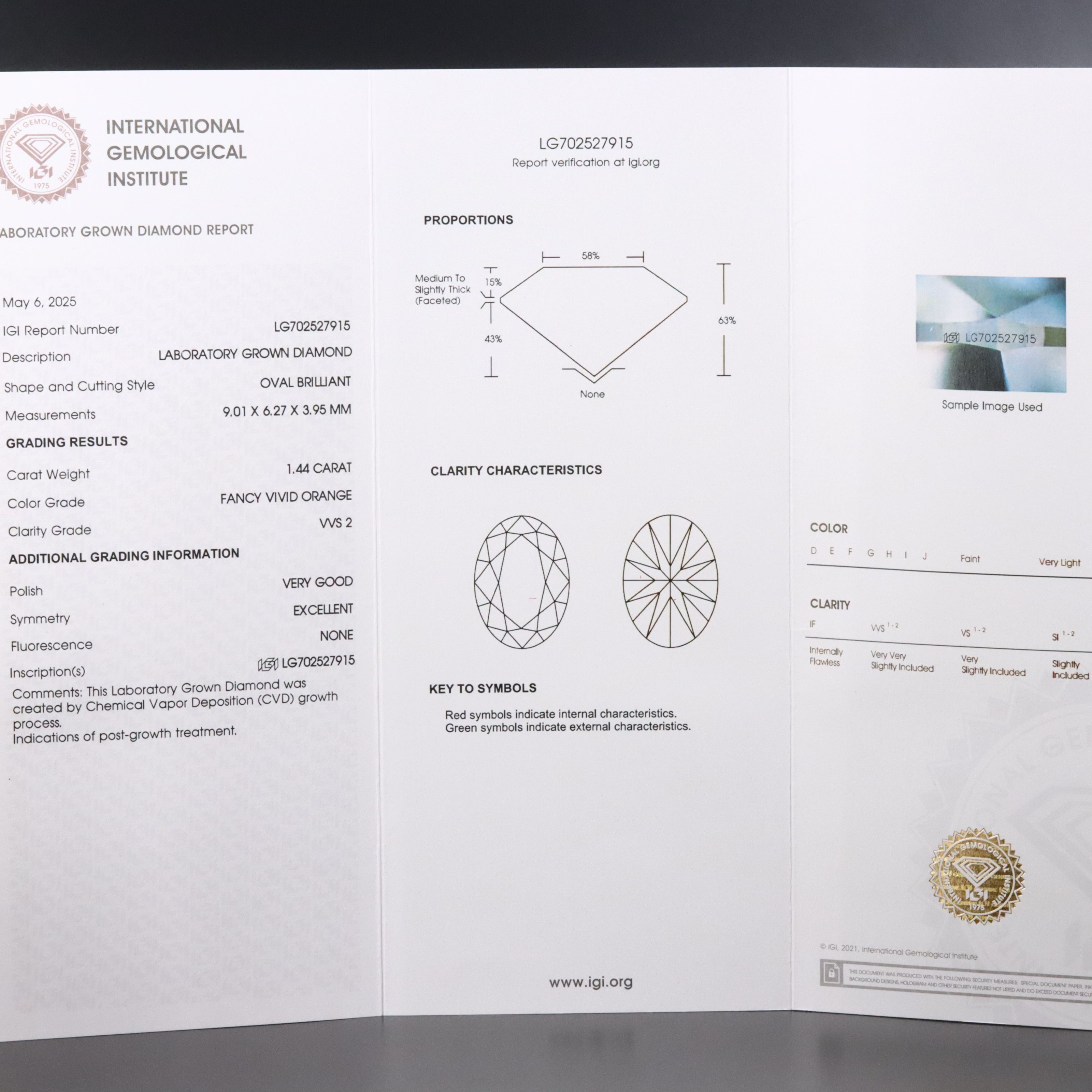 Loose 1.44 CT Lab Grown Fancy Vivid Orange Diamond with IGI Report