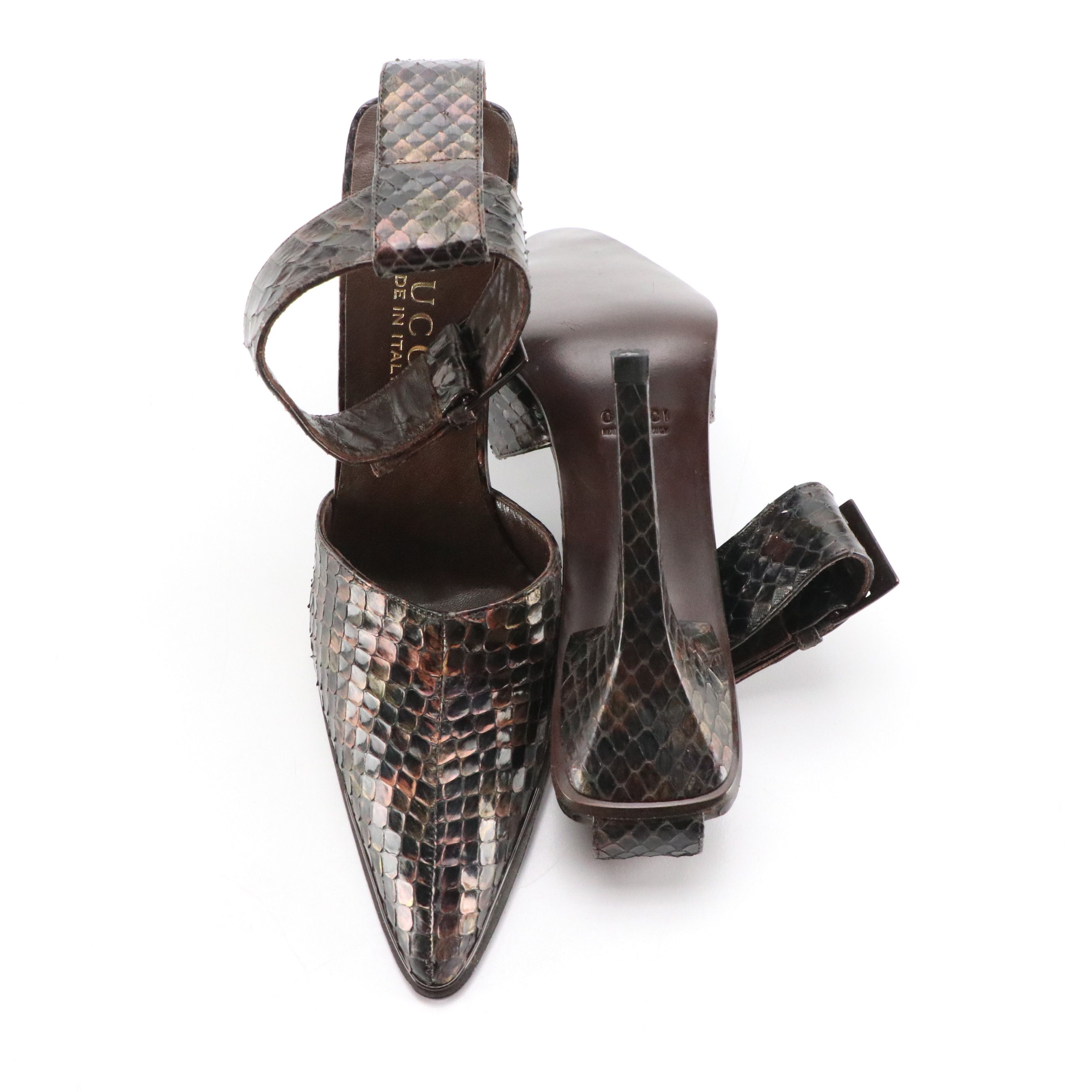 Gucci Snakeskin Ankle Strap Point Toe Heels with Box