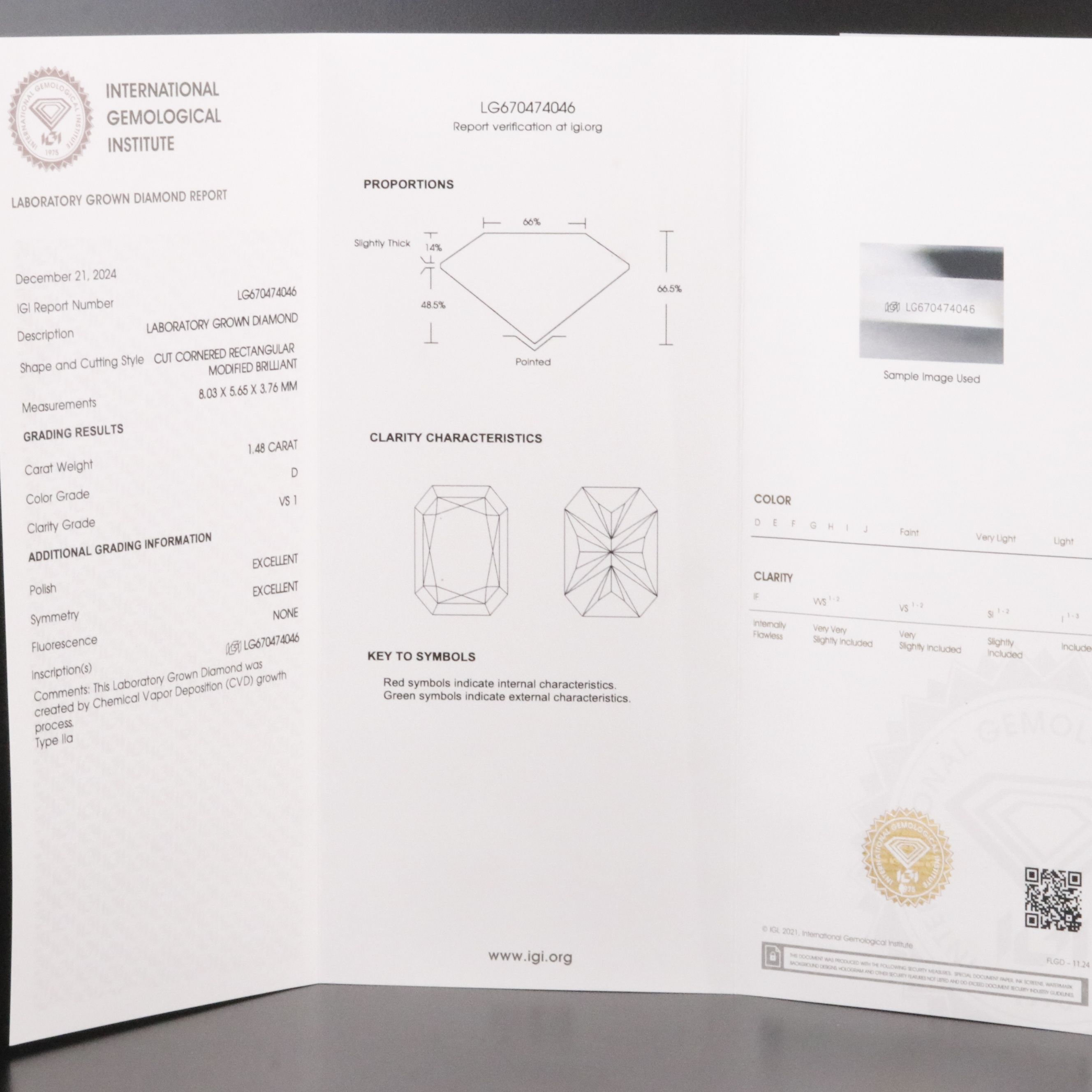 Loose 1.48 CT Lab Grown Diamond with IGI Report