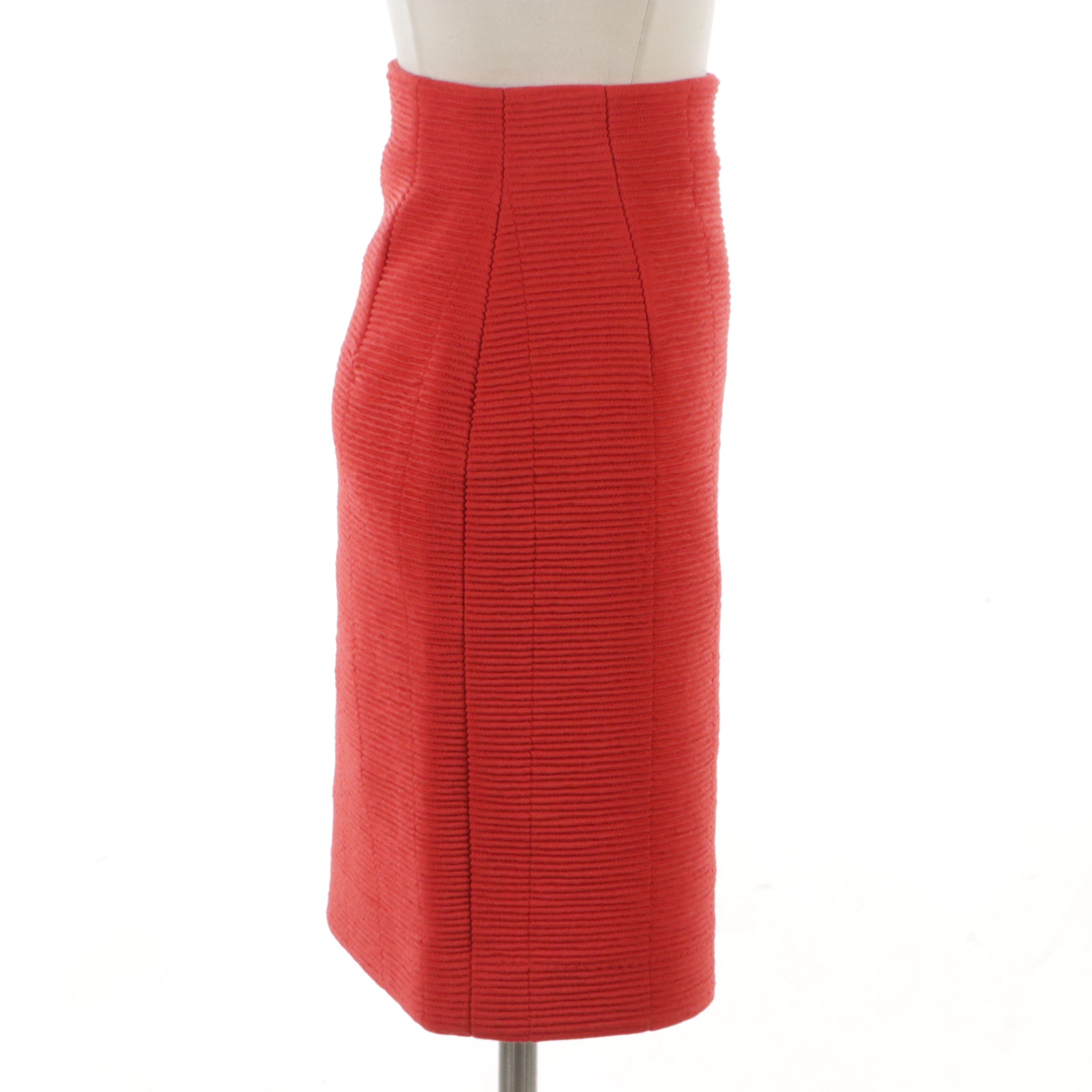 Christian Dior High-Waisted Pencil Skirt in Ribbed Red Wool
