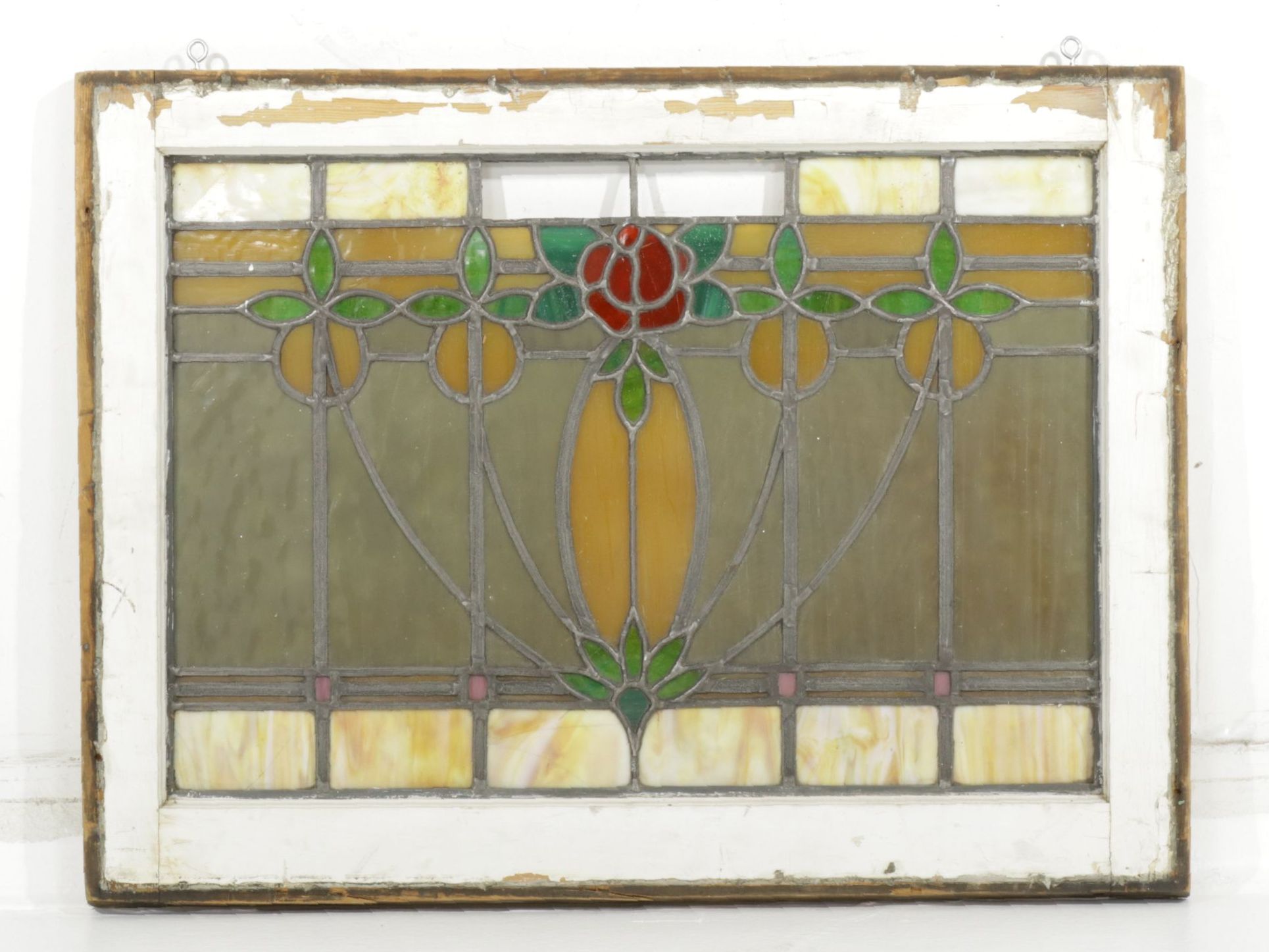 Arts and Crafts Style Stained Glass Window Pane with Rosebuds