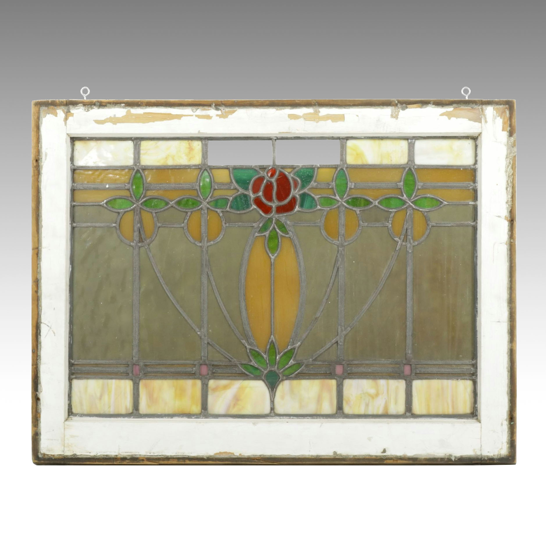 Arts and Crafts Style Stained Glass Window Pane with Rosebuds