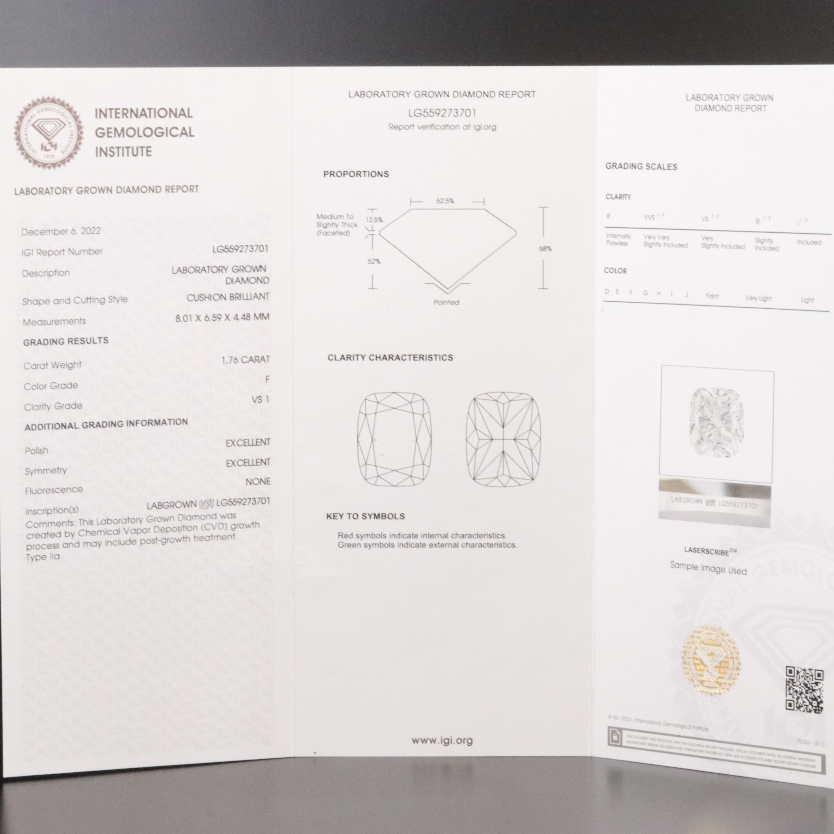 Loose 1.76 CT Lab Grown Diamond with IGI Report