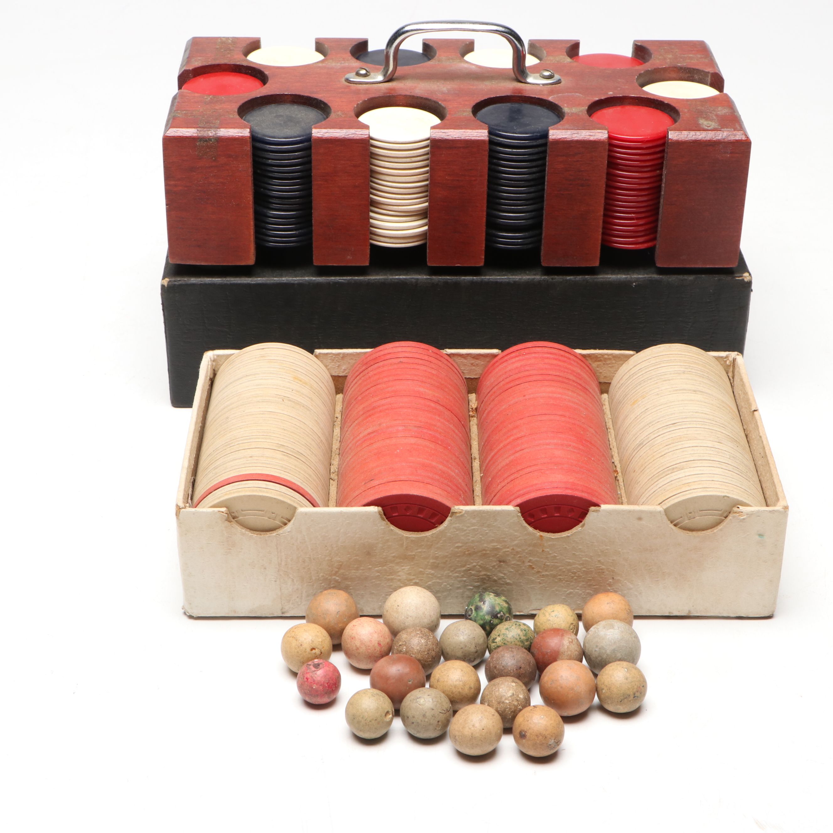 Clay Marbles with Vintage Poker Chips and Caddy