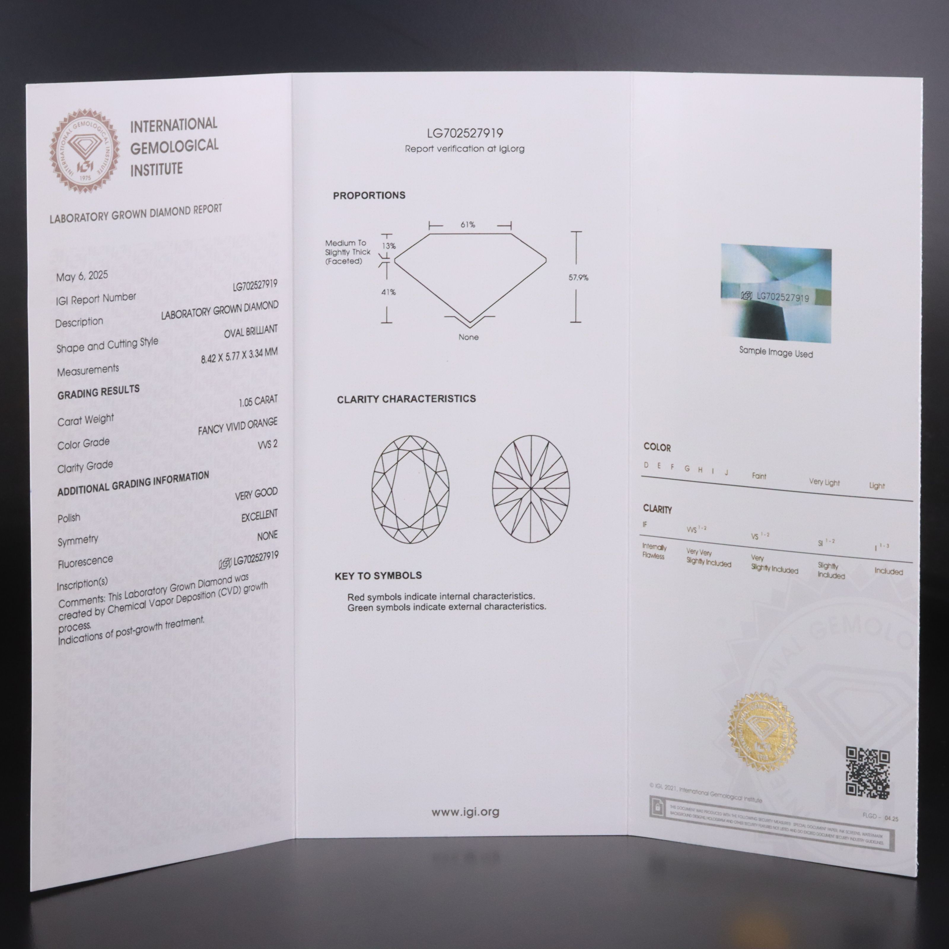 Loose 1.05 CT Lab Grown Fancy Vivid Orange Diamond with IGI Report