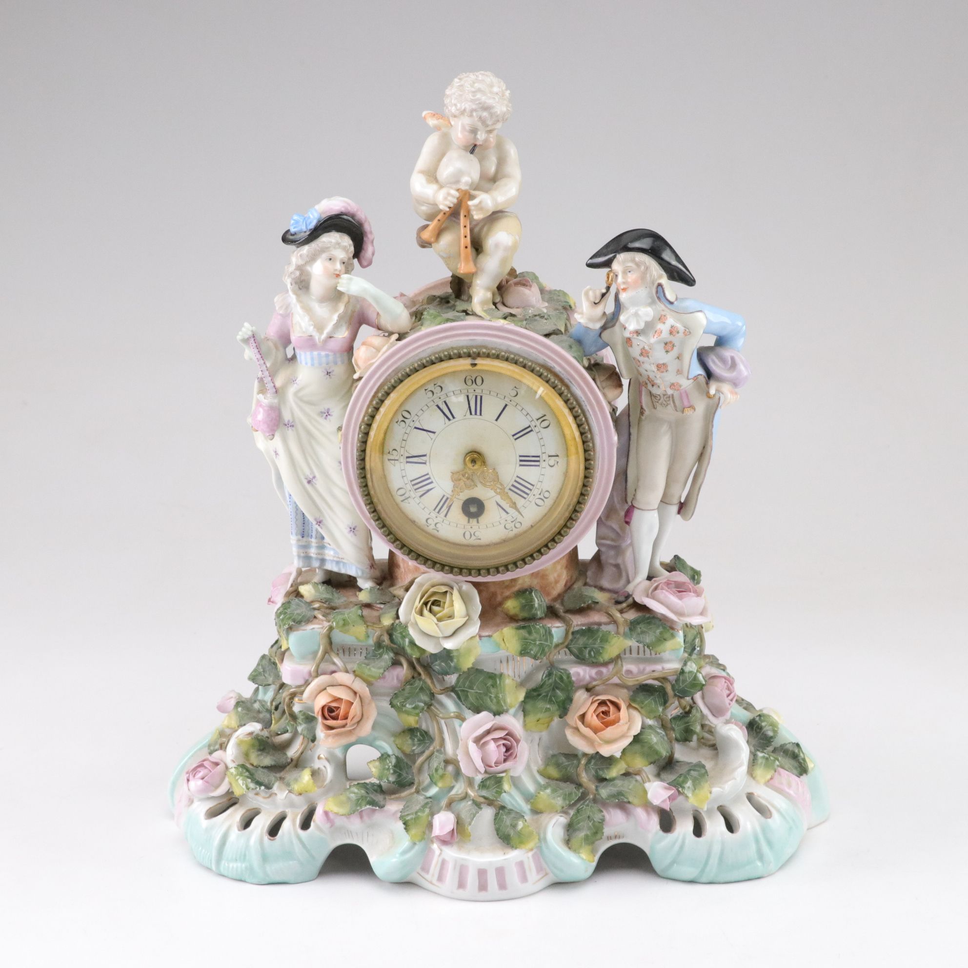 Dresden Style German Porcelain Figural Mantel Clock, Late 19th/Early 20th C.