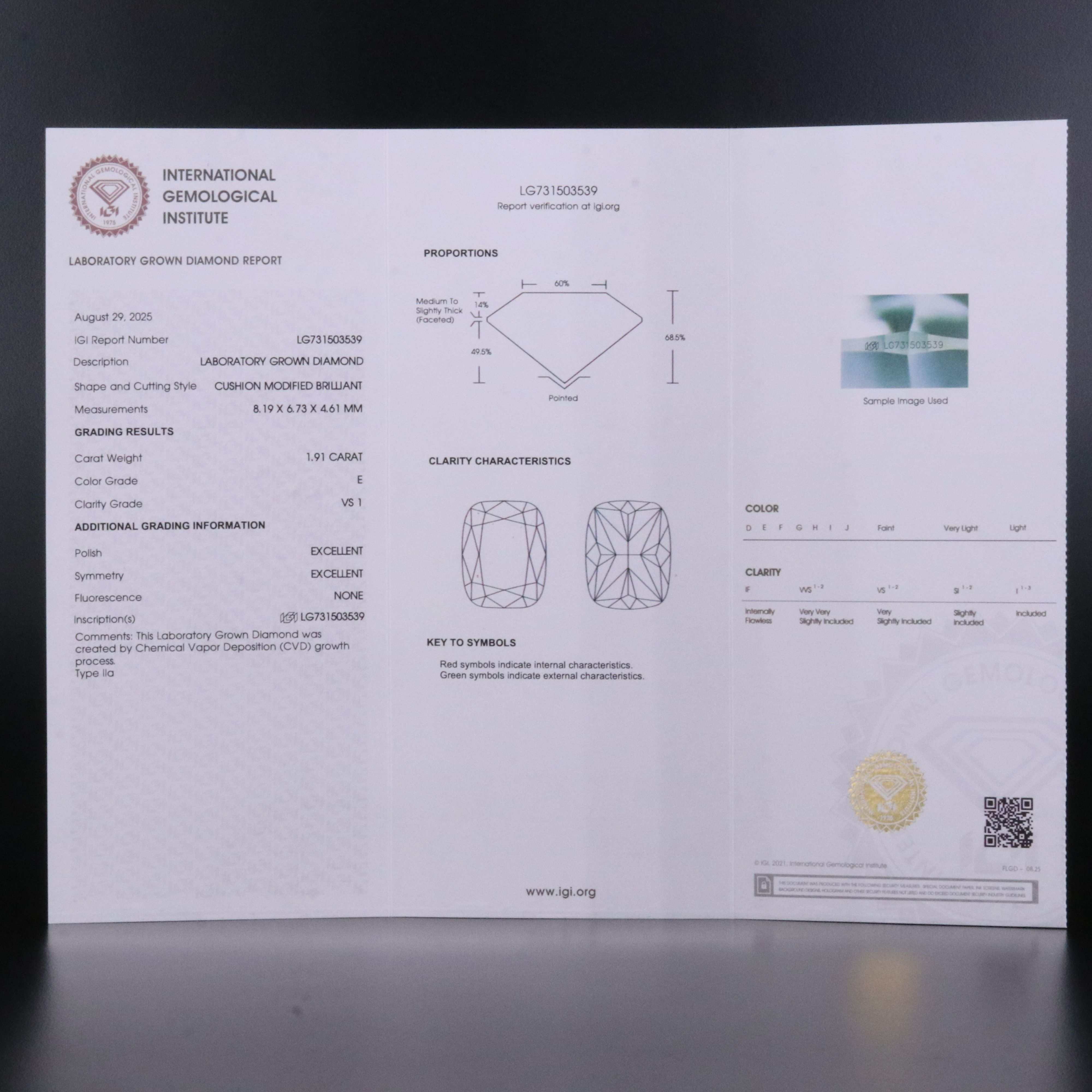 Loose 1.91 CT Lab Grown Diamond with IGI Report