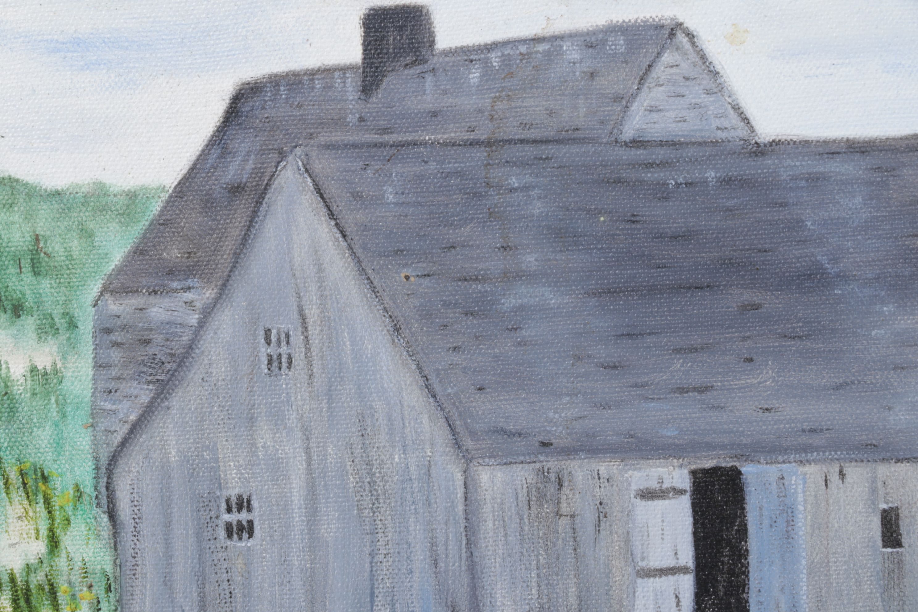 Landscape Oil Painting Featuring a Boathouse Facade, Late 20th Century