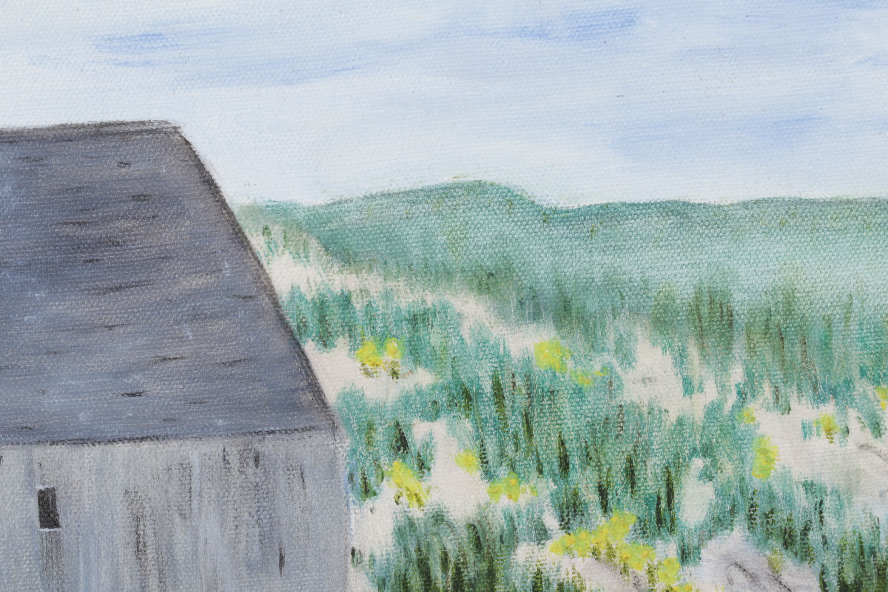 Landscape Oil Painting Featuring a Boathouse Facade, Late 20th Century