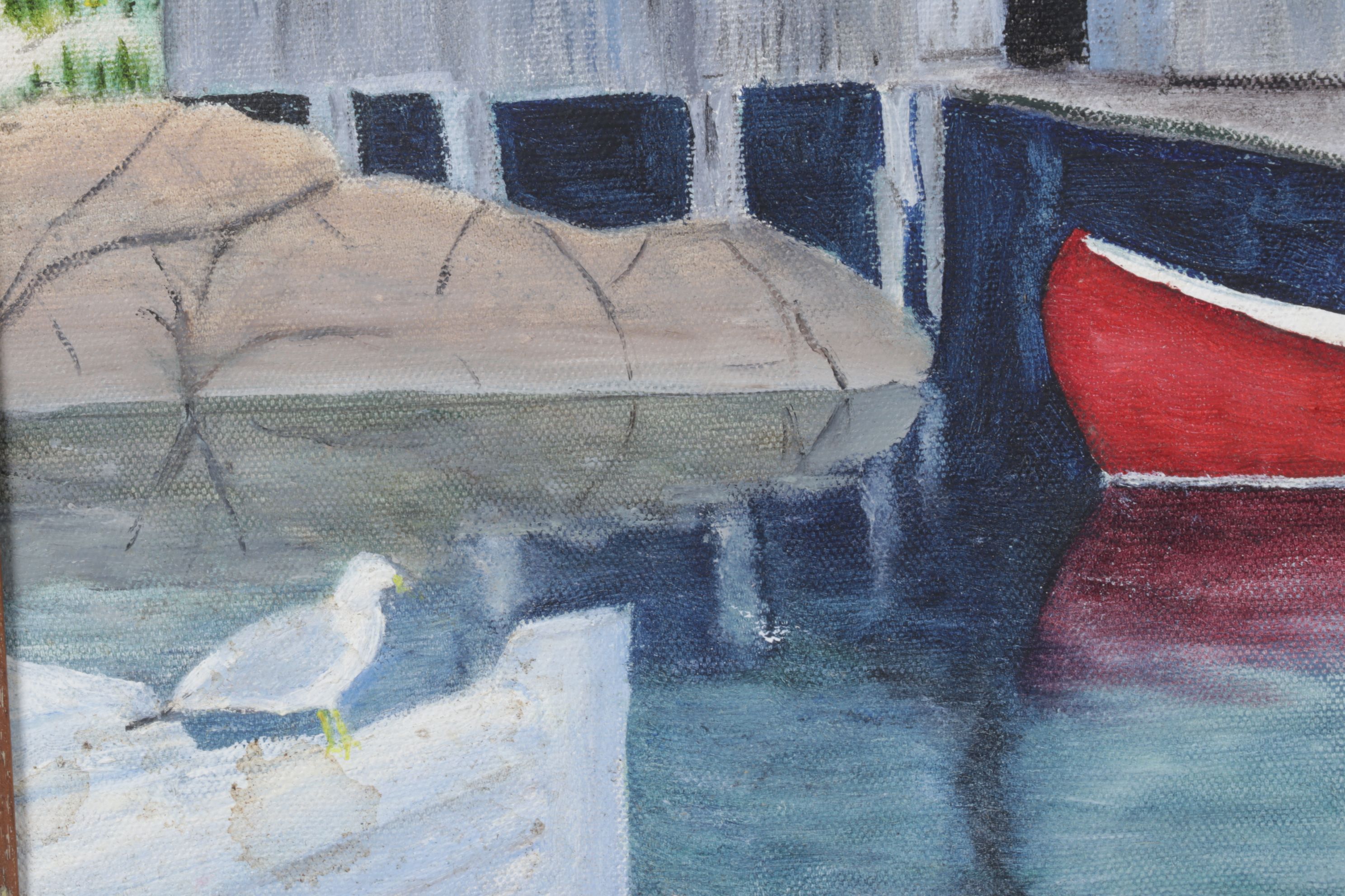 Landscape Oil Painting Featuring a Boathouse Facade, Late 20th Century