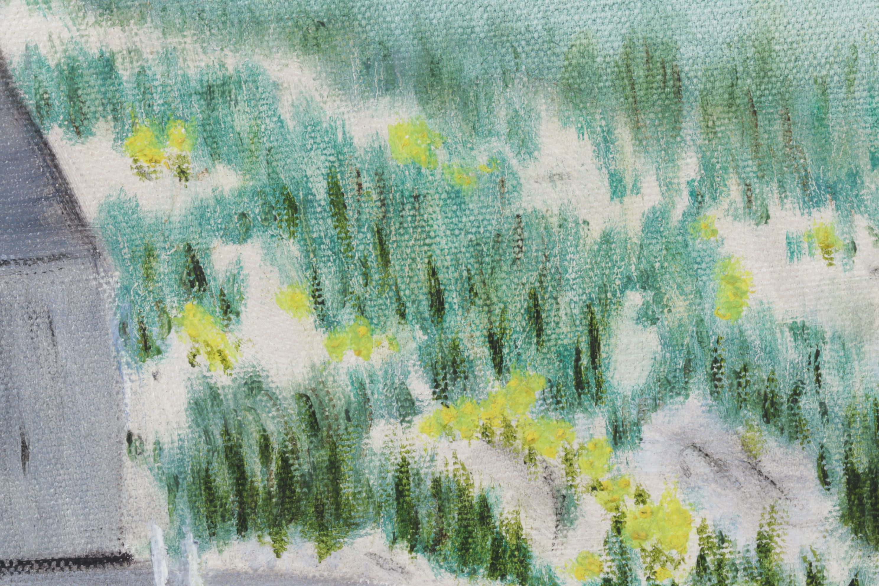 Landscape Oil Painting Featuring a Boathouse Facade, Late 20th Century