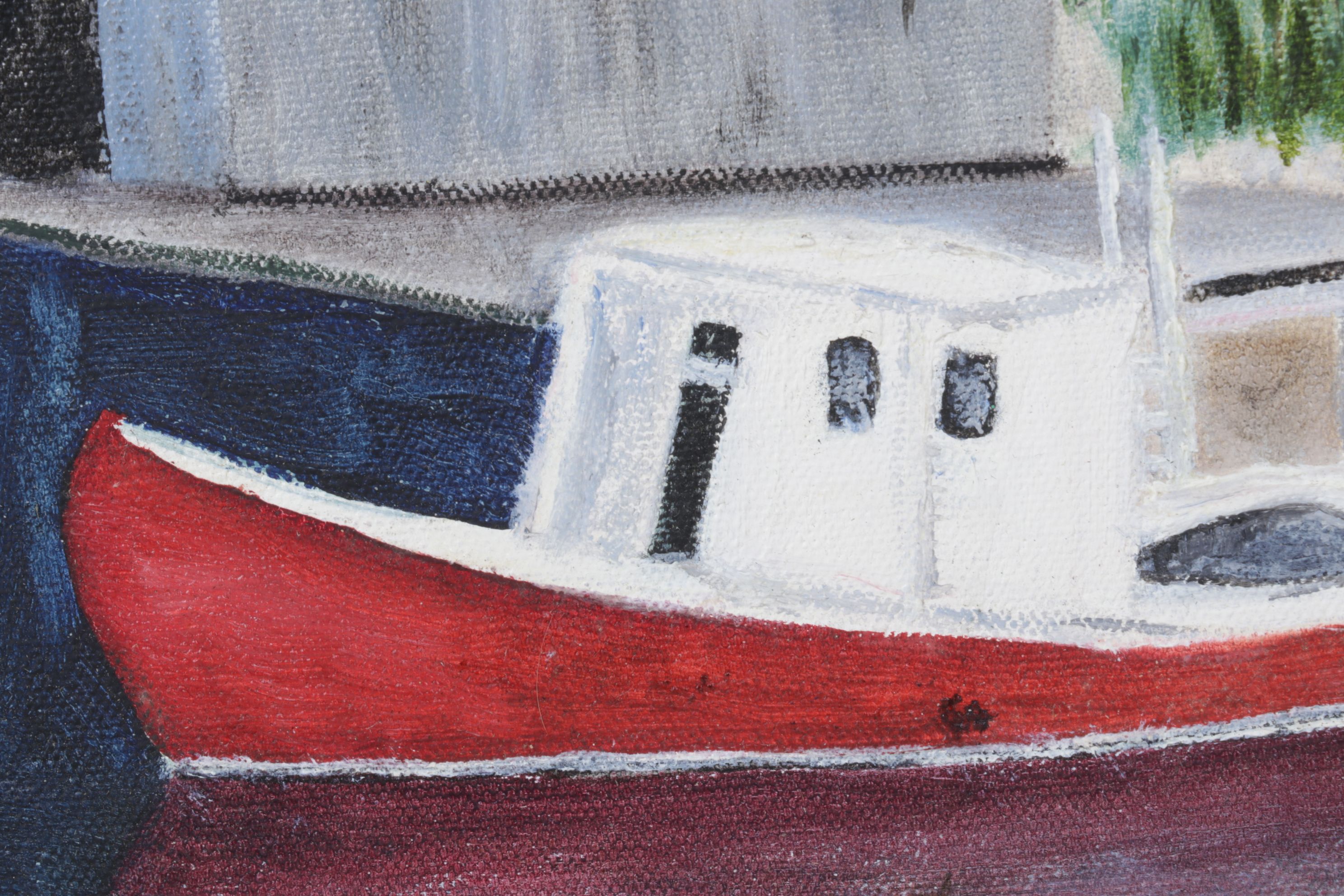 Landscape Oil Painting Featuring a Boathouse Facade, Late 20th Century