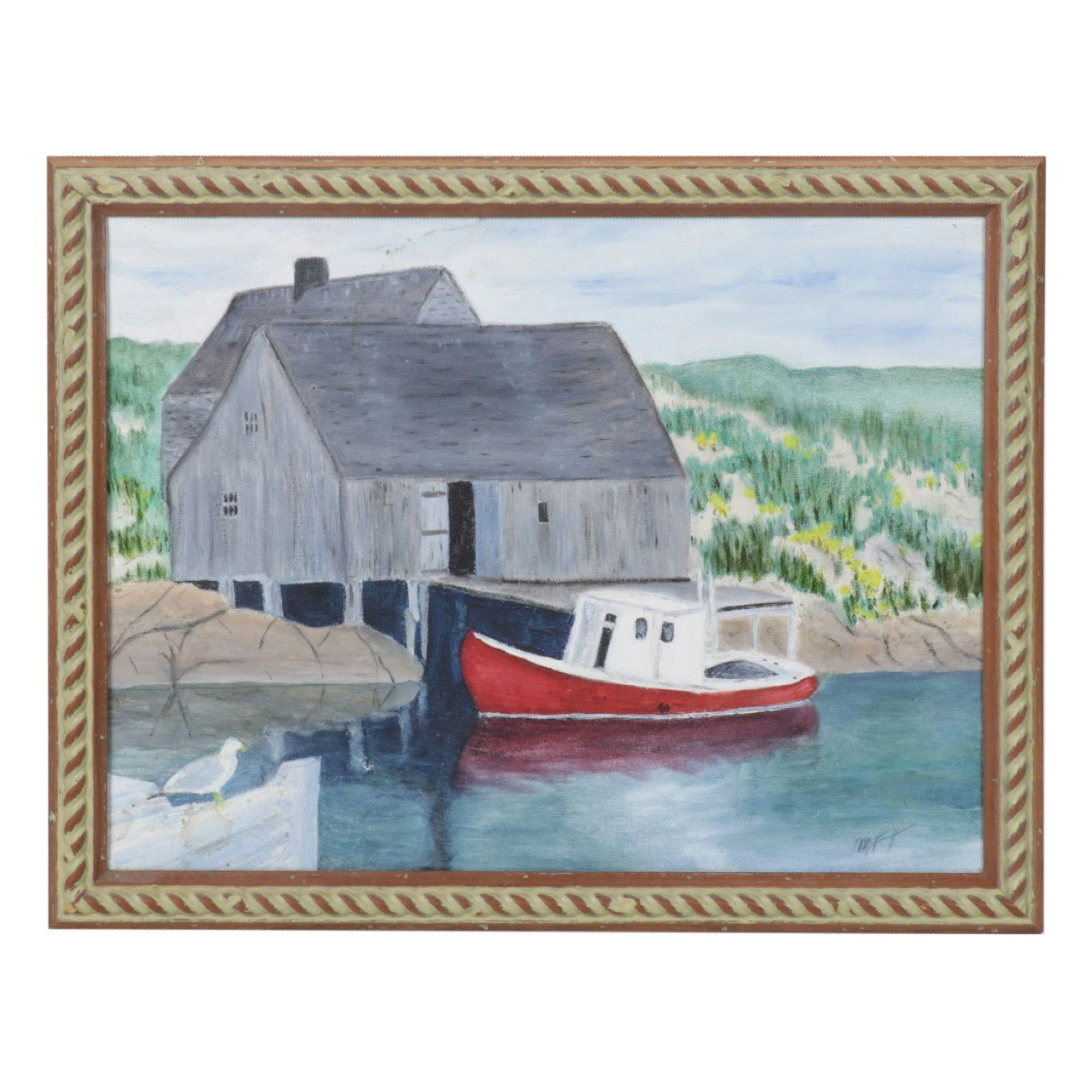 Landscape Oil Painting Featuring a Boathouse Facade, Late 20th Century